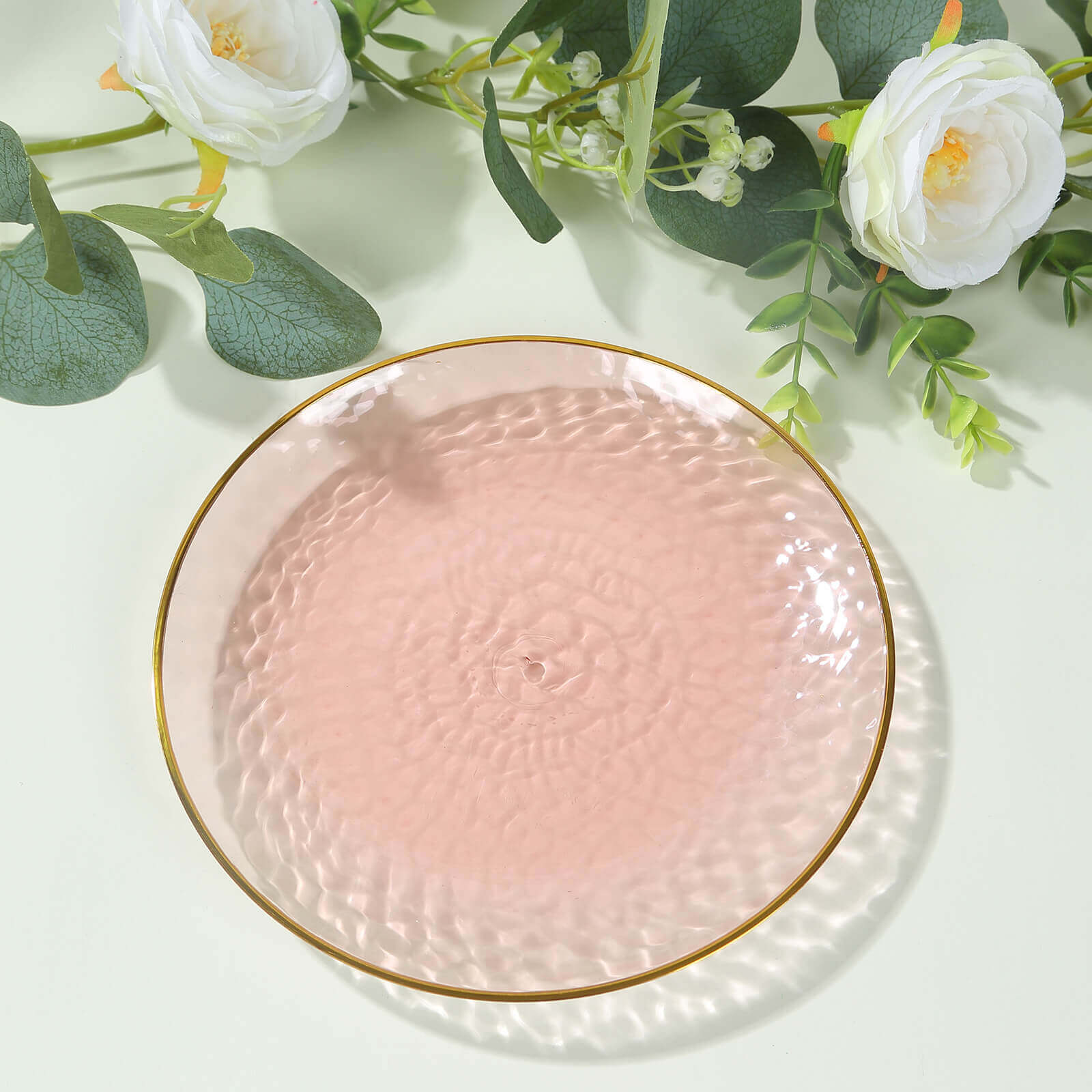 10-Pack Plastic 7 Round Dessert Appetizer Plates in Transparent Blush Hammered Design with Gold Rim - Modern Disposable Salad Plates