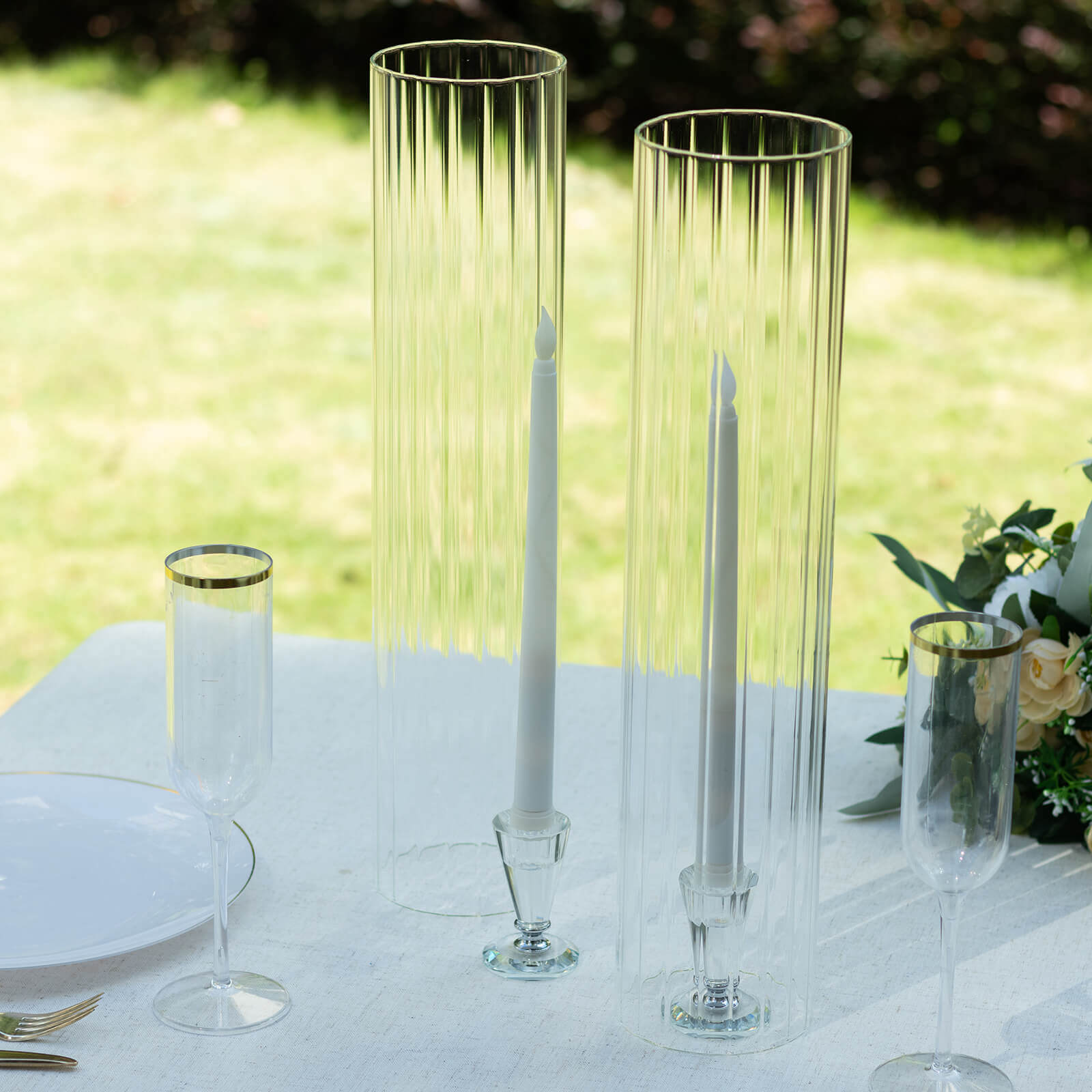 2-Pack Clear Ribbed Glass Hurricane Shades Open End Design - Stylish Candelabra Pillar Candle Holder Table Centerpiece 18