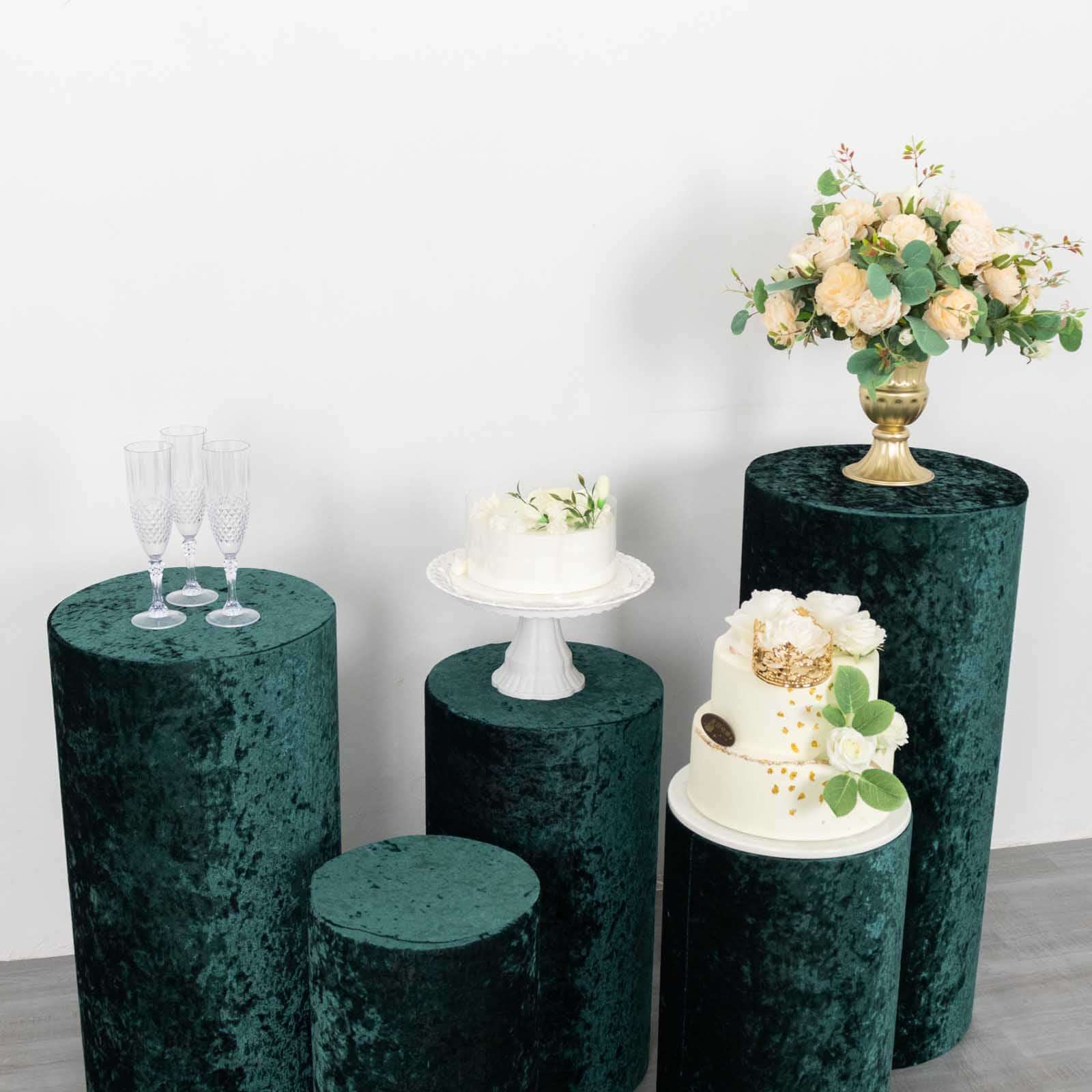 Set of 5 Hunter Emerald Green Crushed Velvet Cylinder Pedestal Stand Covers, Premium Pillar Prop Covers