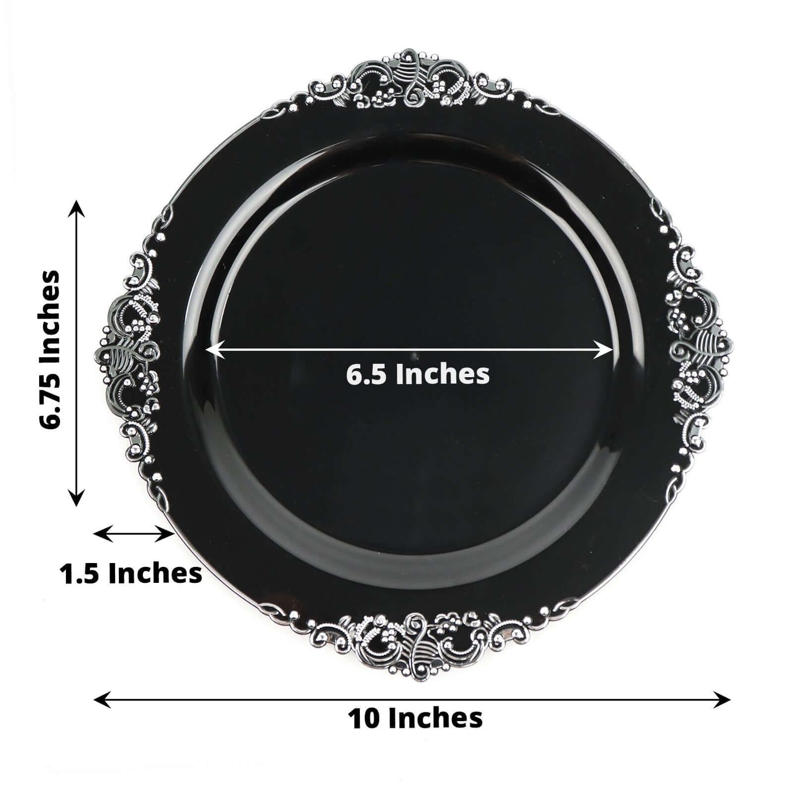 10-Pack Plastic 10 Round Dinner Plates in Black with Silver Leaf Embossed Rim - Disposable Vintage Baroque Style Plates
