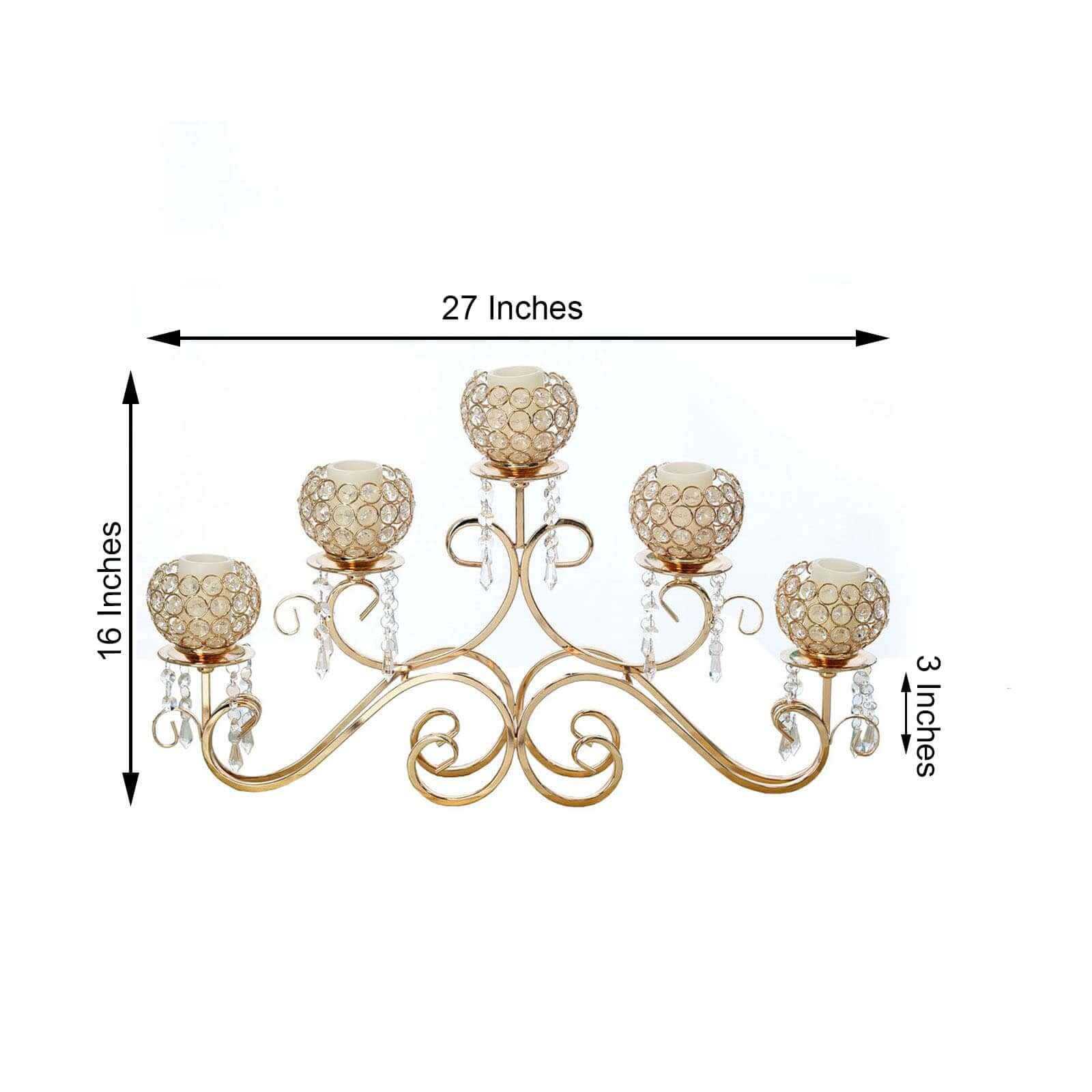 5-Arm Metal Candelabra Horizontal Design with Crystal Goblets Gold - Table Centerpiece for Events 27