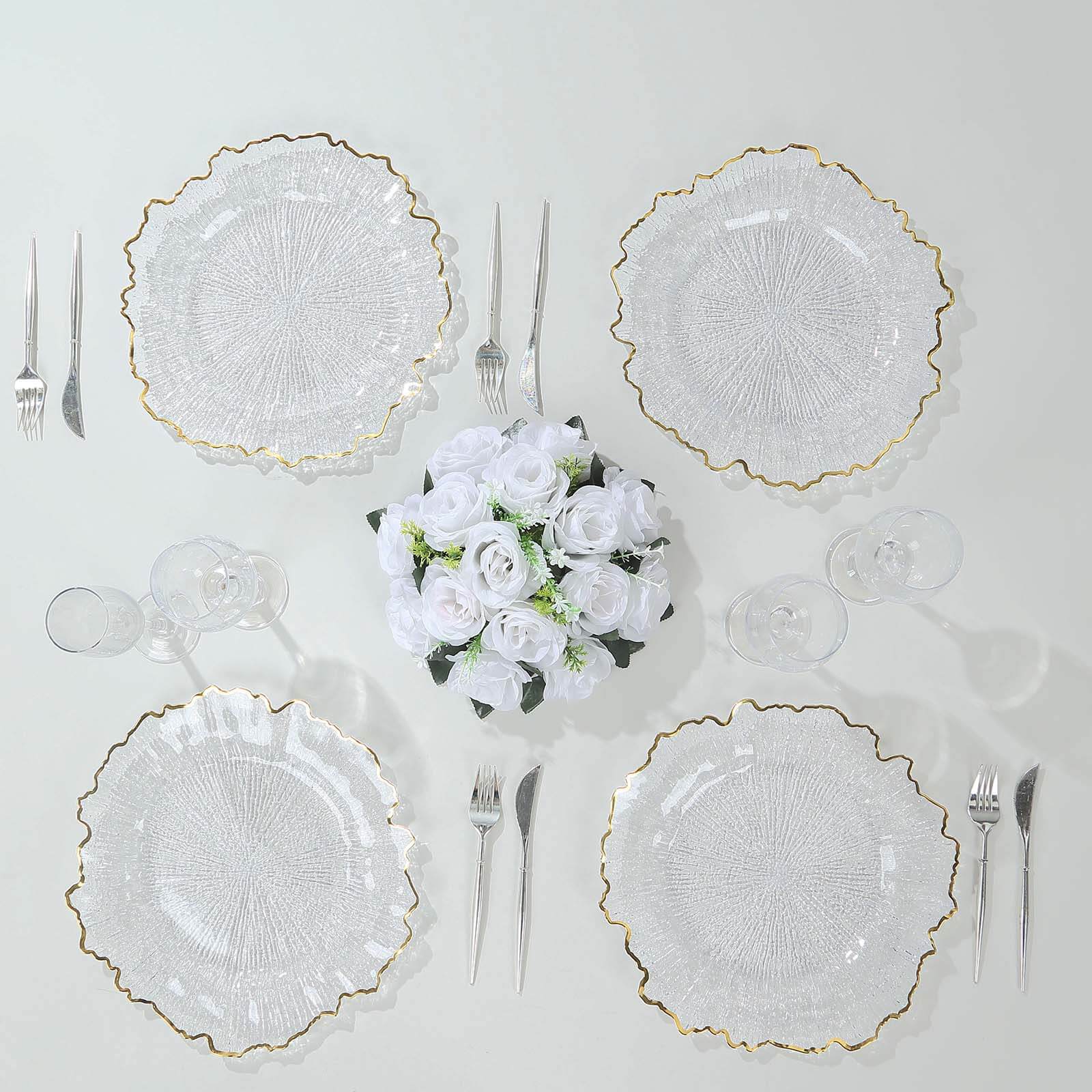 6-Pack Plastic Round Charger Plates 12 in Clear Reef Design with Gold Rim, Decorative Dinner Party Serving Plates