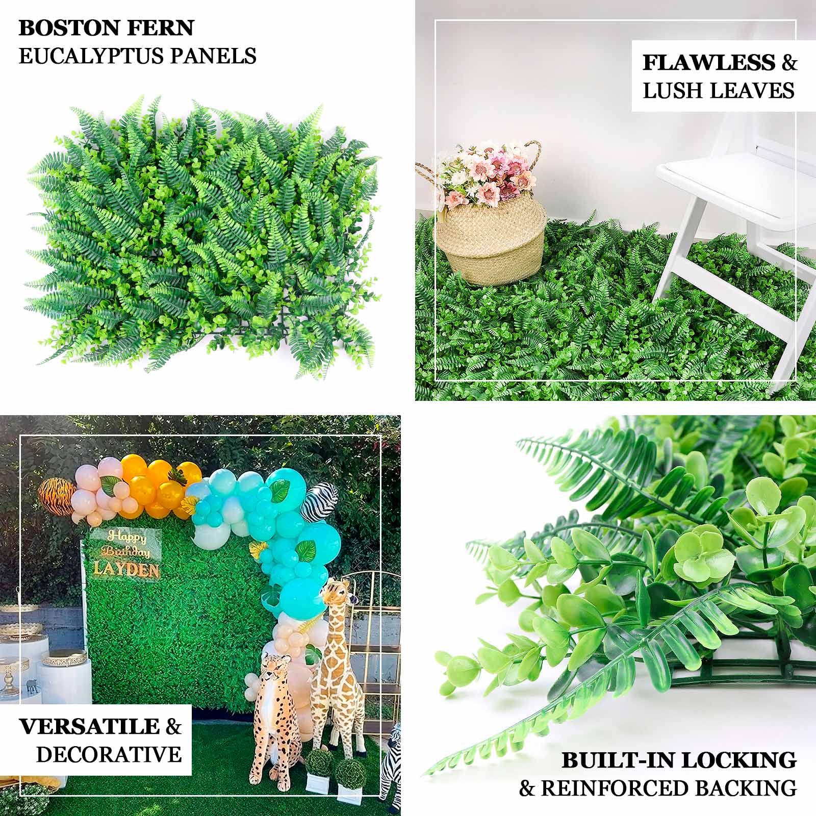 12 Sq. ft. Artificial Boston Fern Eucalyptus Boxwood Greenery Garden Wall, Grass Backdrop Mat, Indoor Outdoor UV Protected Assorted Foliage - 4 Panels