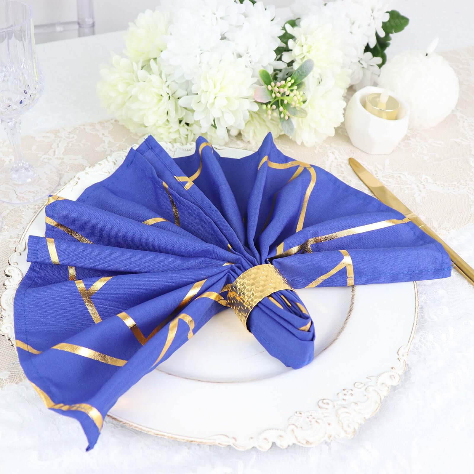 5 Pack Polyester 20x20 Napkins Royal Blue with Gold Geometric Foil Pattern - Modern Reusable Dinner Napkins