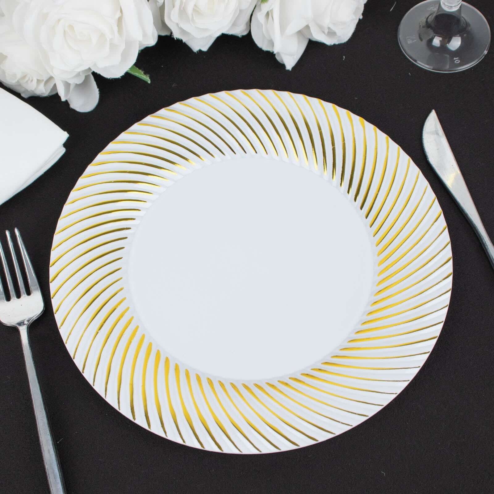 10-Pack Plastic 9 Round Dinner Plates White with Gold Swirl Rim - Disposable Party Plates