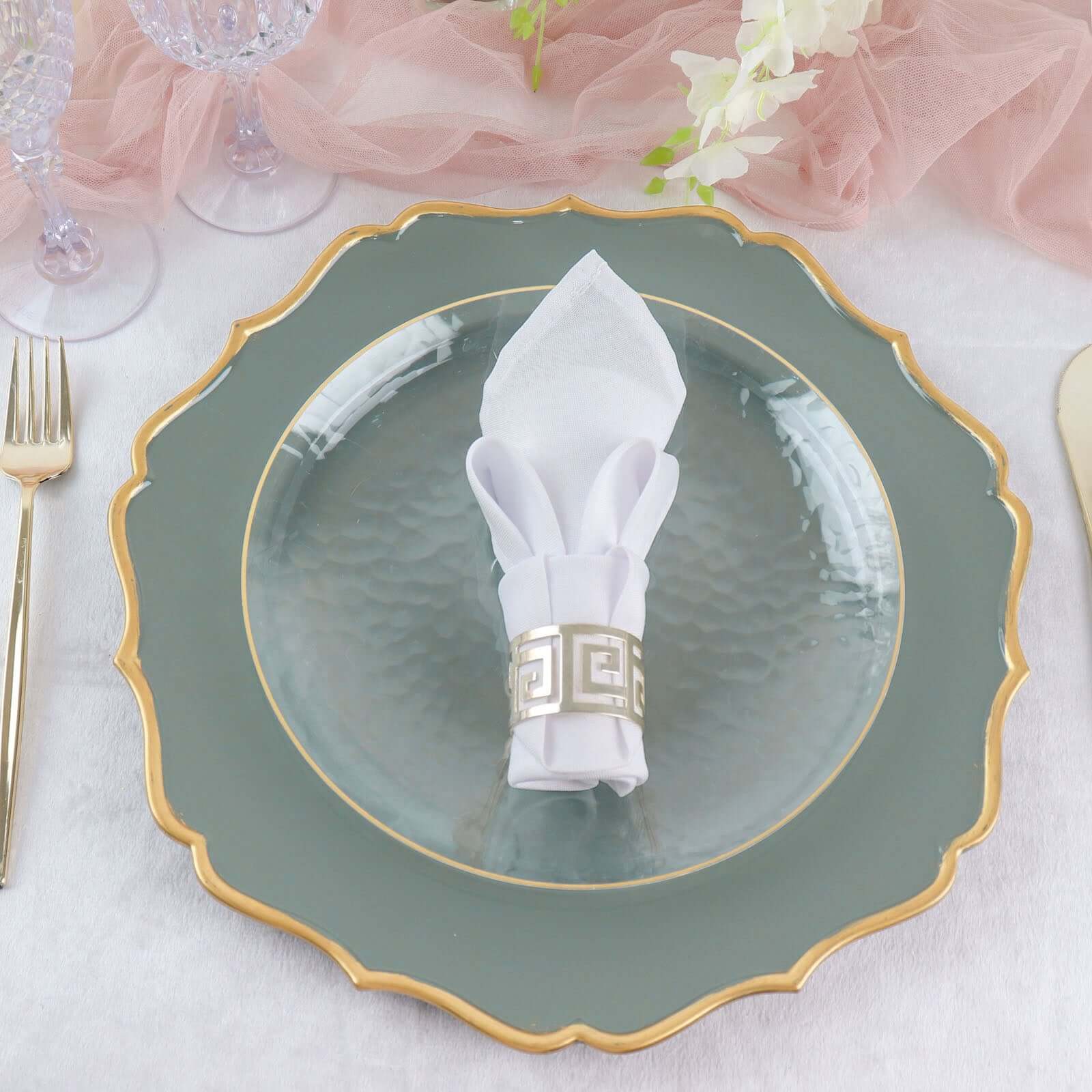 6-Pack Acrylic Round Charger Plates 13 in Olive Green with Gold Scalloped Rim, Decorative Dinner Party Plastic Charger Tableware