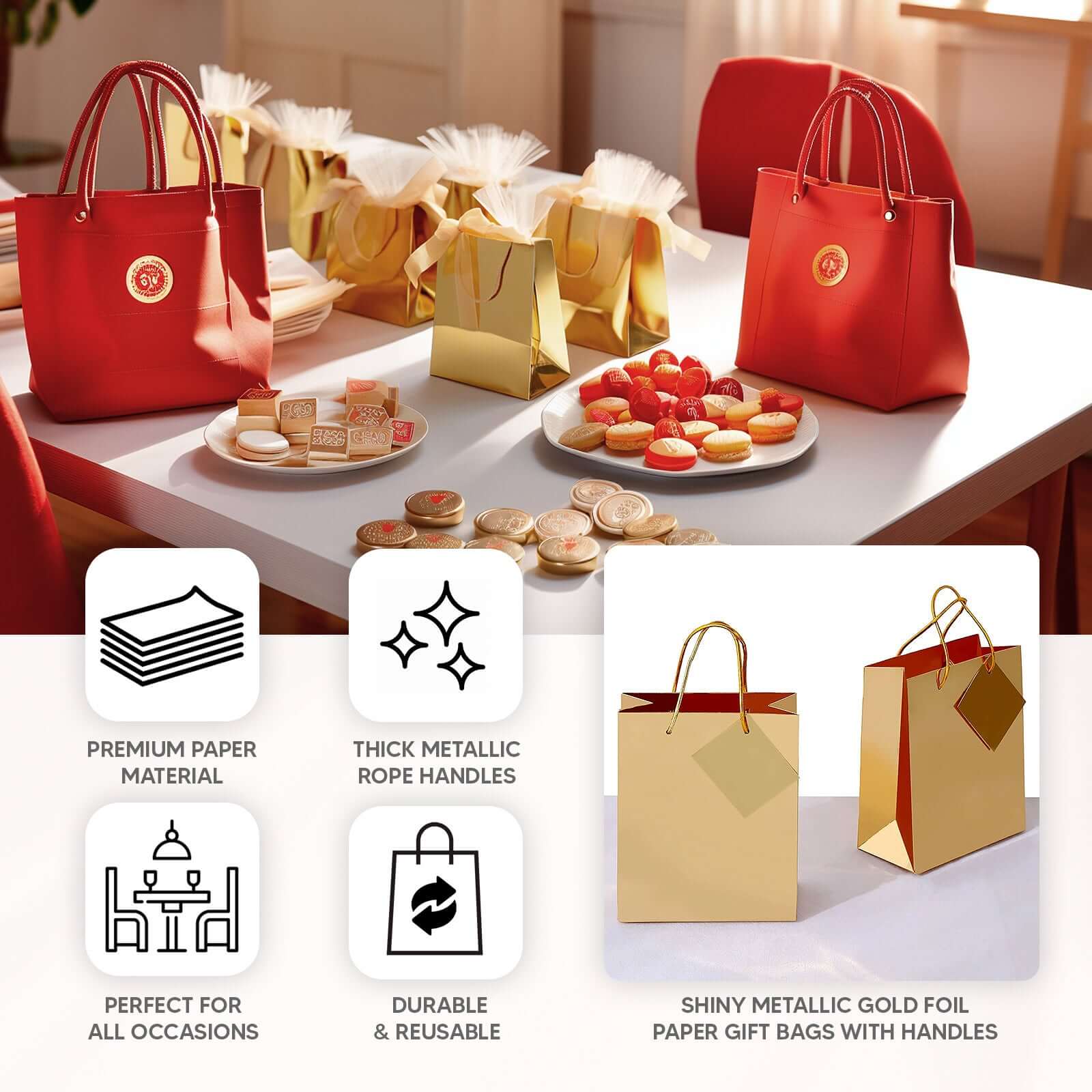 12 Pack Gold Foil Paper Party Favor Gift Bags with Handles, Shiny Metallic Euro Tote Bags - 7