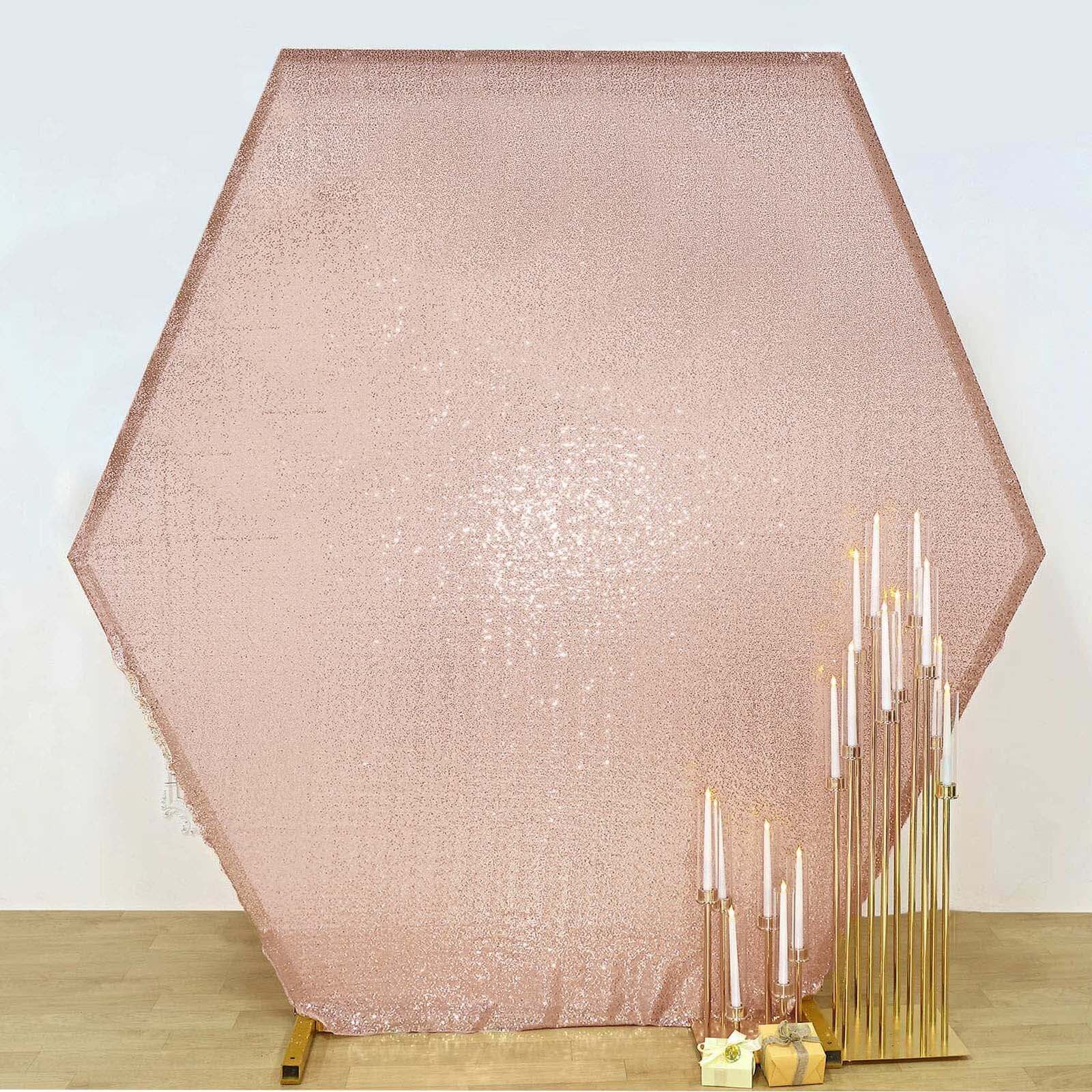 8ftx7ft Rose Gold Shiny Sequin Hexagon Backdrop Stand Cover, Shiny Sparkle 2-Sided Custom Fit Wedding Arch Cover