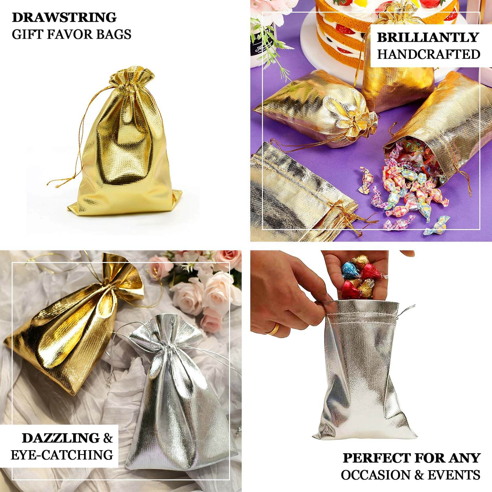 10 Pack Metallic Gold Lame Polyester 5x7 Party Favor Gift Bags, Shiny Fabric Drawstring Candy Pouch