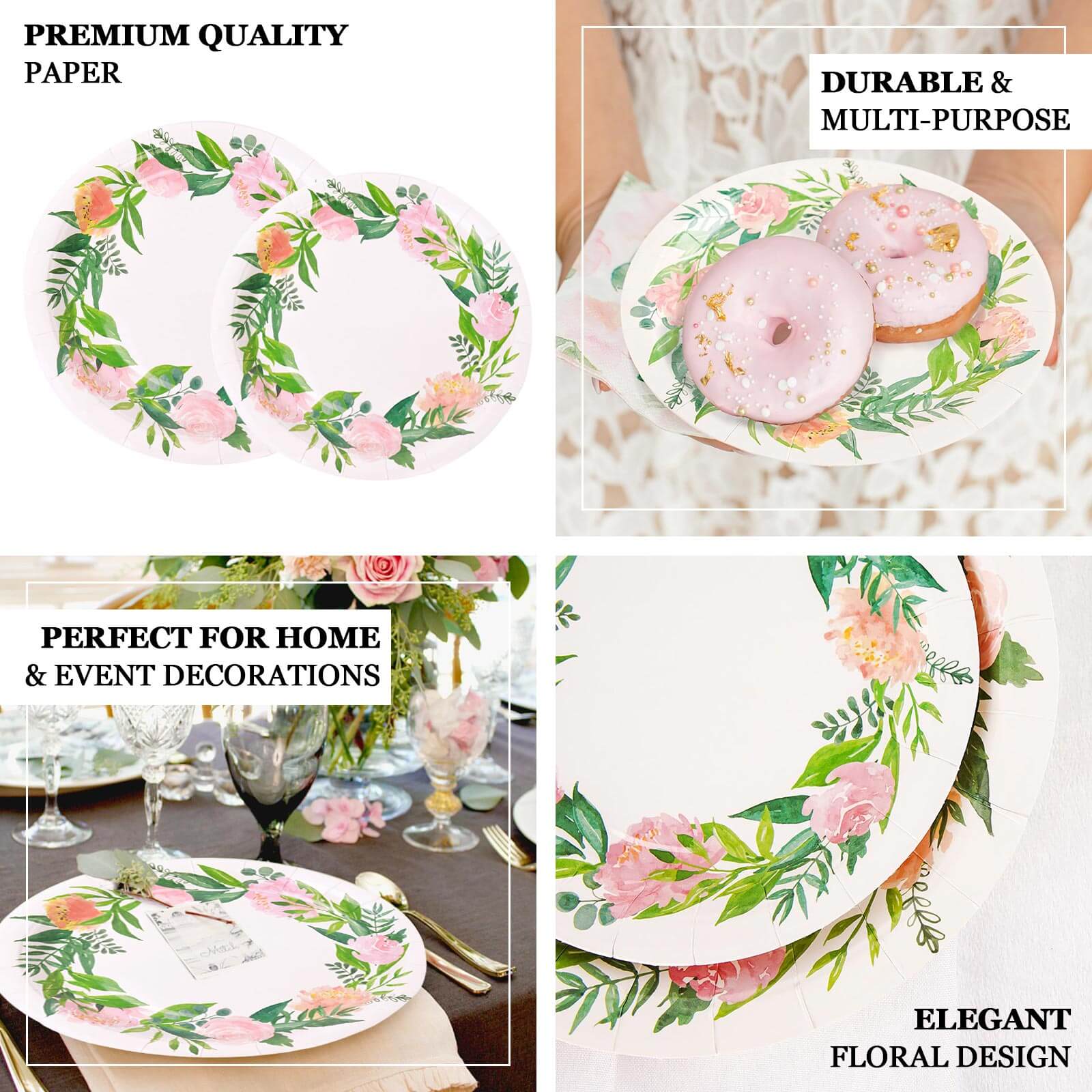 25-Pack Paper 9 Round Dinner Plates in White with Rose/Peony Flower Wreath - Disposable Party Plates for Bridal Showers & Garden Parties