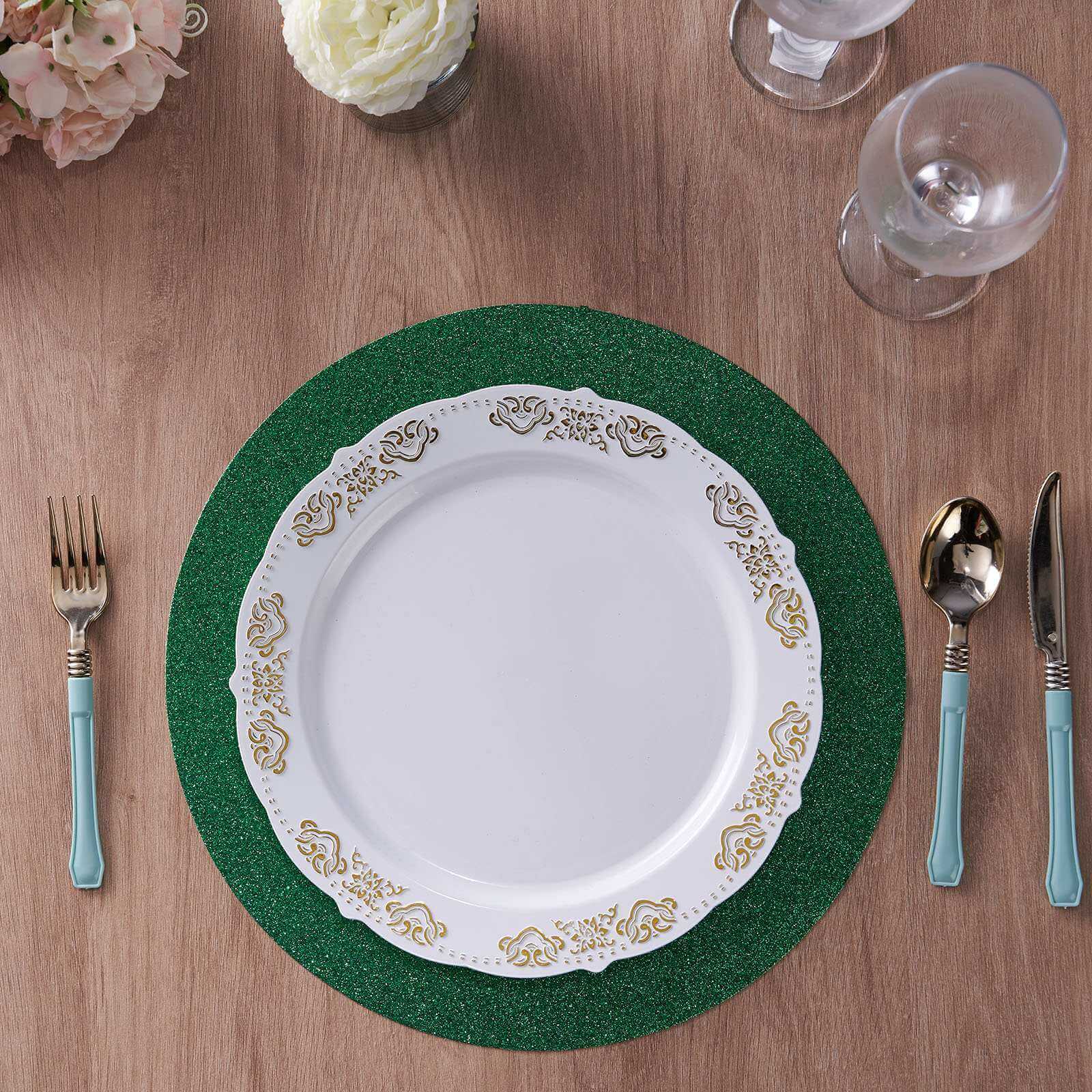 6-Pack Placemats Glitter Design Green Sparkle Round - Non-Slip Decorative Dining Table Mats 13