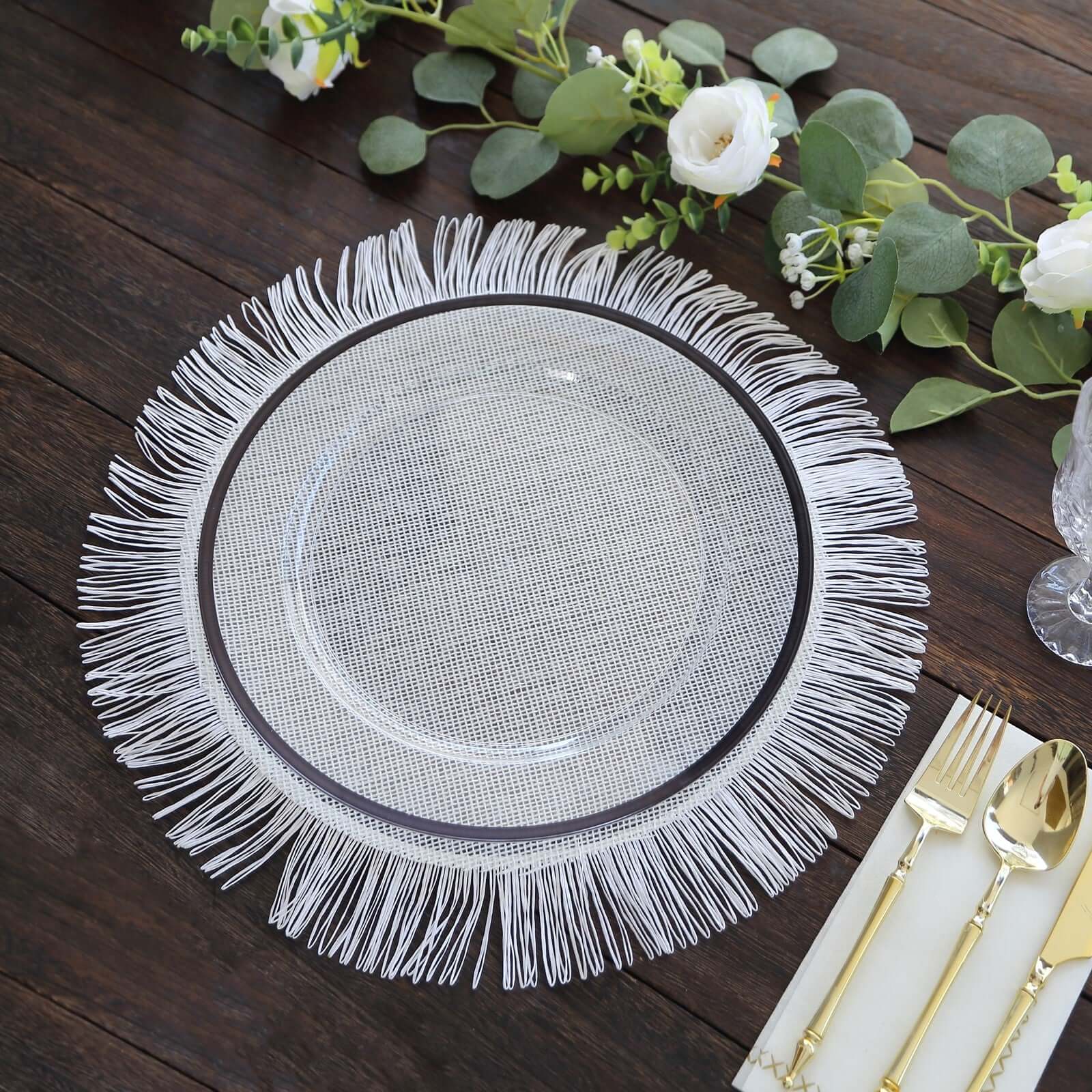 4-Pack Placemats Fringe Edge Design White Jute Round - Rustic Boho Chic Burlap Table Decor 16