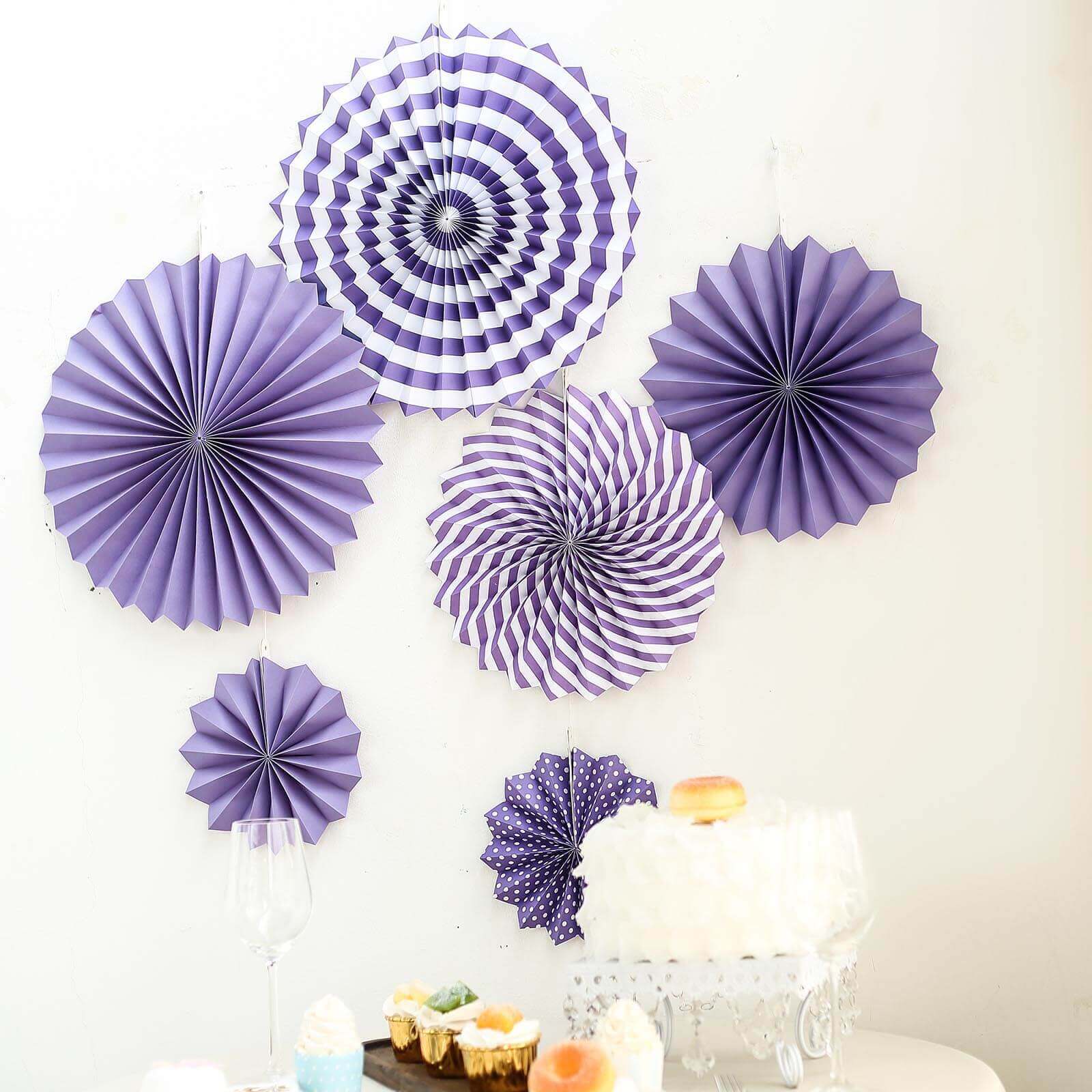 Set of 6 Purple Hanging Paper Fan Decorations, Pinwheel Wall Backdrop Party Kit - 8, 12, 16