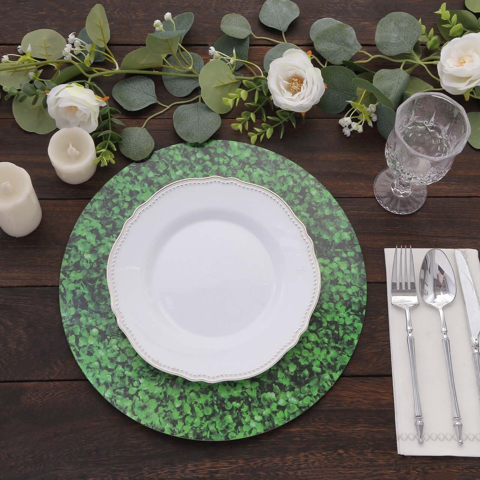 6-Pack Disposable Table Placemats in Green Boxwood Leaf Print - 700GSM Cardboard Placemats for Forest & Garden Theme Party Decor 13