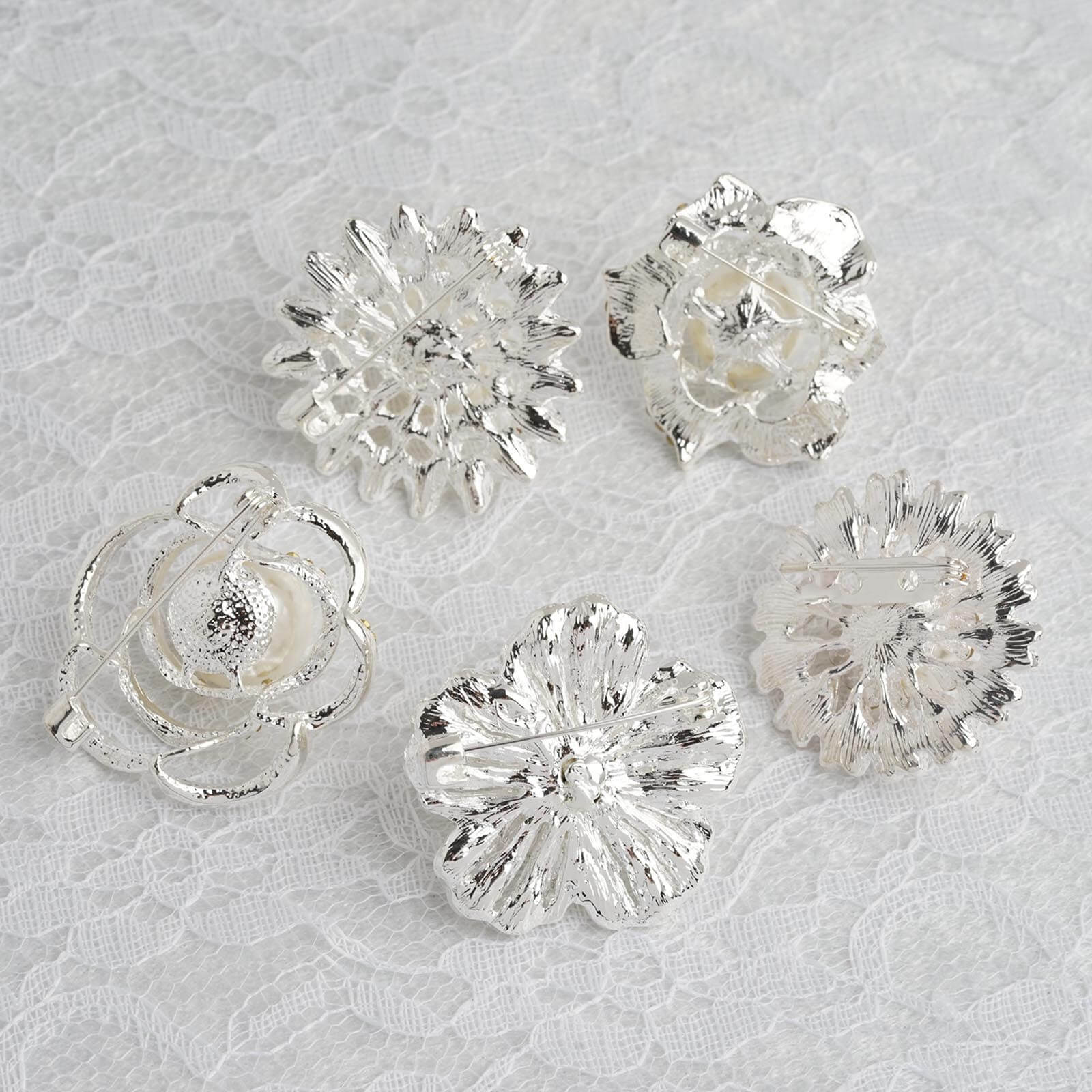 5 Pack Rhinestone Brooches Silver Plated with Pearl Center - Radiant Floral Pins for Wedding Bouquets & Events