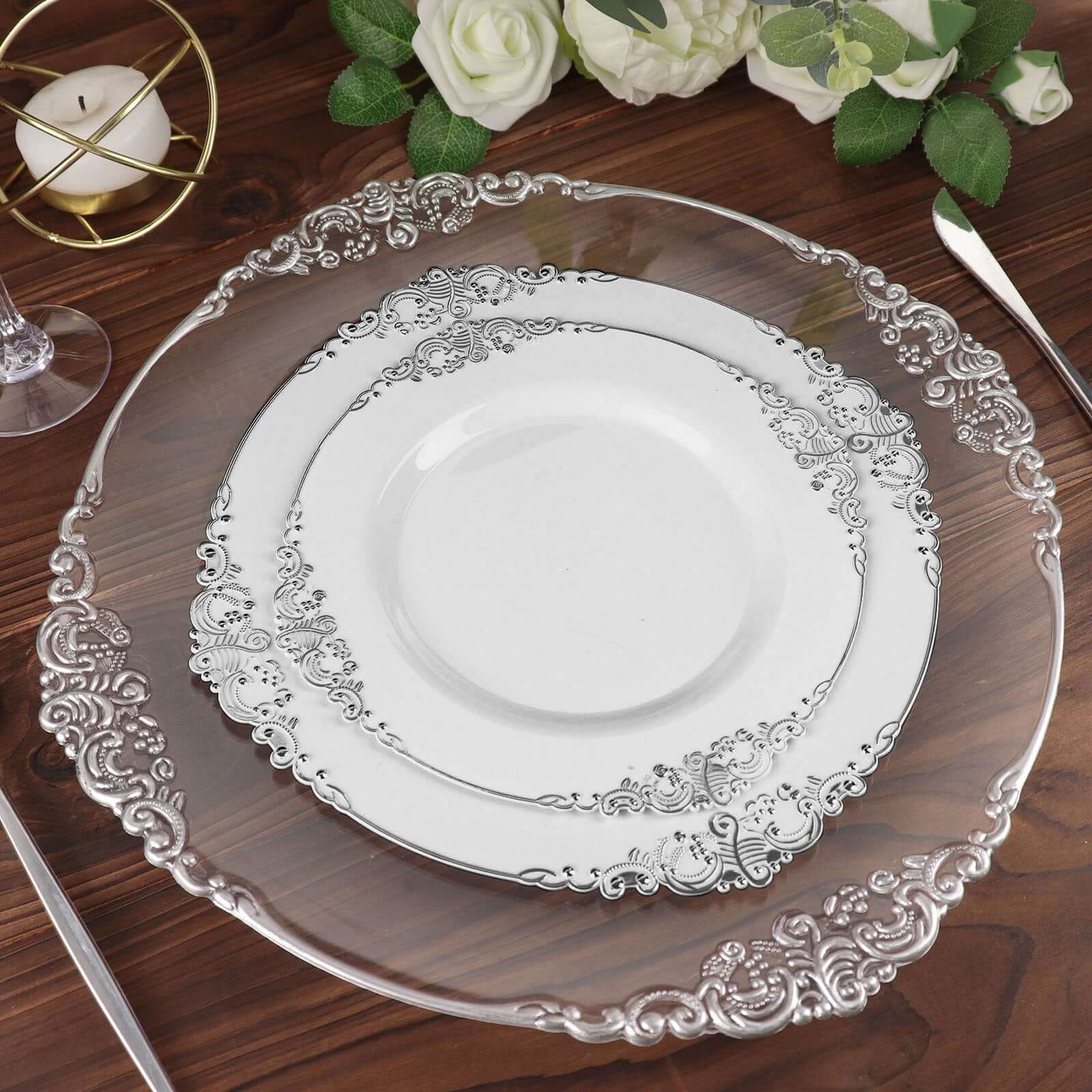 10-Pack Plastic 8 Round Dessert Plates in White with Silver Leaf Embossed Rim - Disposable Vintage Baroque Style Salad Plates