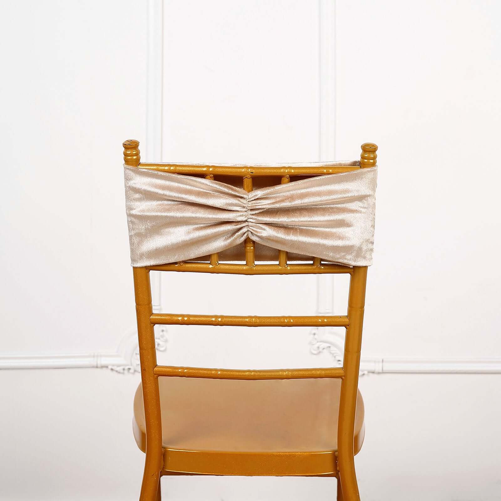 5 Pack Velvet Chair Sashes with Ruffled Center Champagne - Soft Stretchable Chair Bands