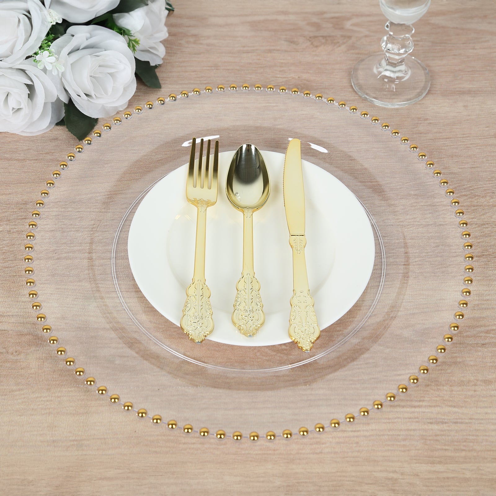 10-Pack Economy Round Plastic Charger Plates 13 in Clear with Gold Beaded Rim, Stylish Dinner Party Serving Plates