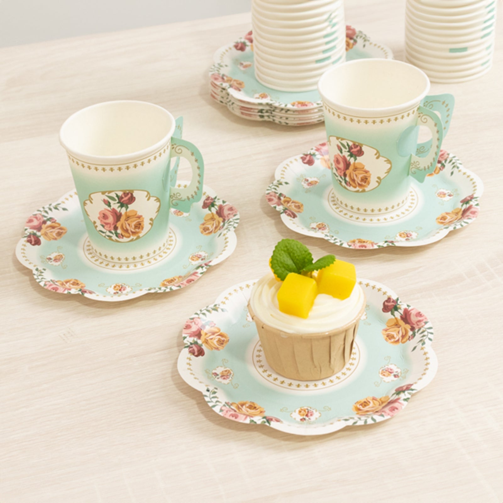 Set of 25 Paper Cups and Saucers in Turquoise with Rose Floral Print - Vintage Inspired Disposable Tea Party Decorations