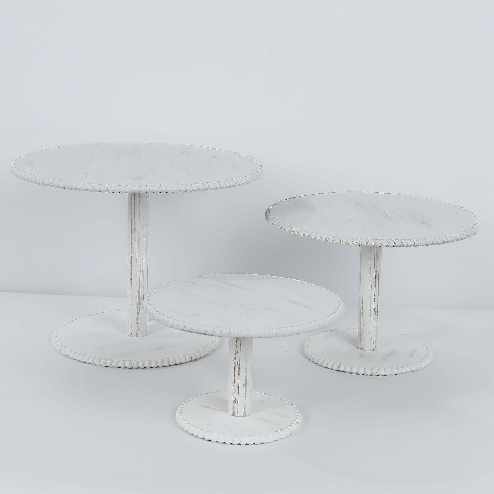 Set of 3 Wooden Pedestal Cake Stands Whitewash with Round Beaded Rim Trays - Stackable Rustic Cupcake Display 8, 10, 12