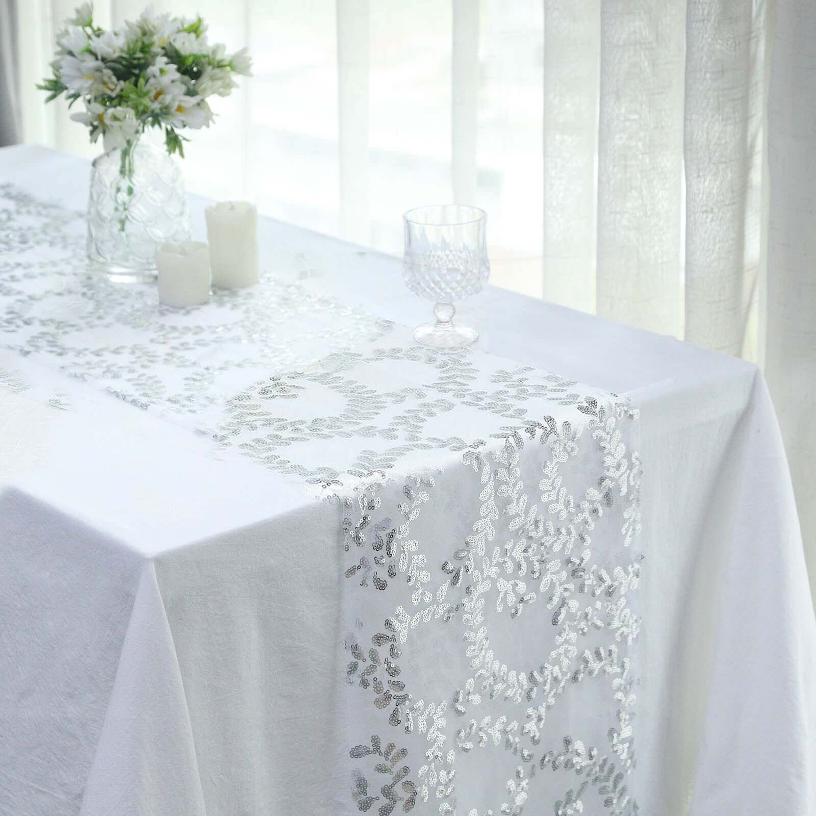 Mesh 12x108 Table Runner Silver - Leaf Vine Embroidery