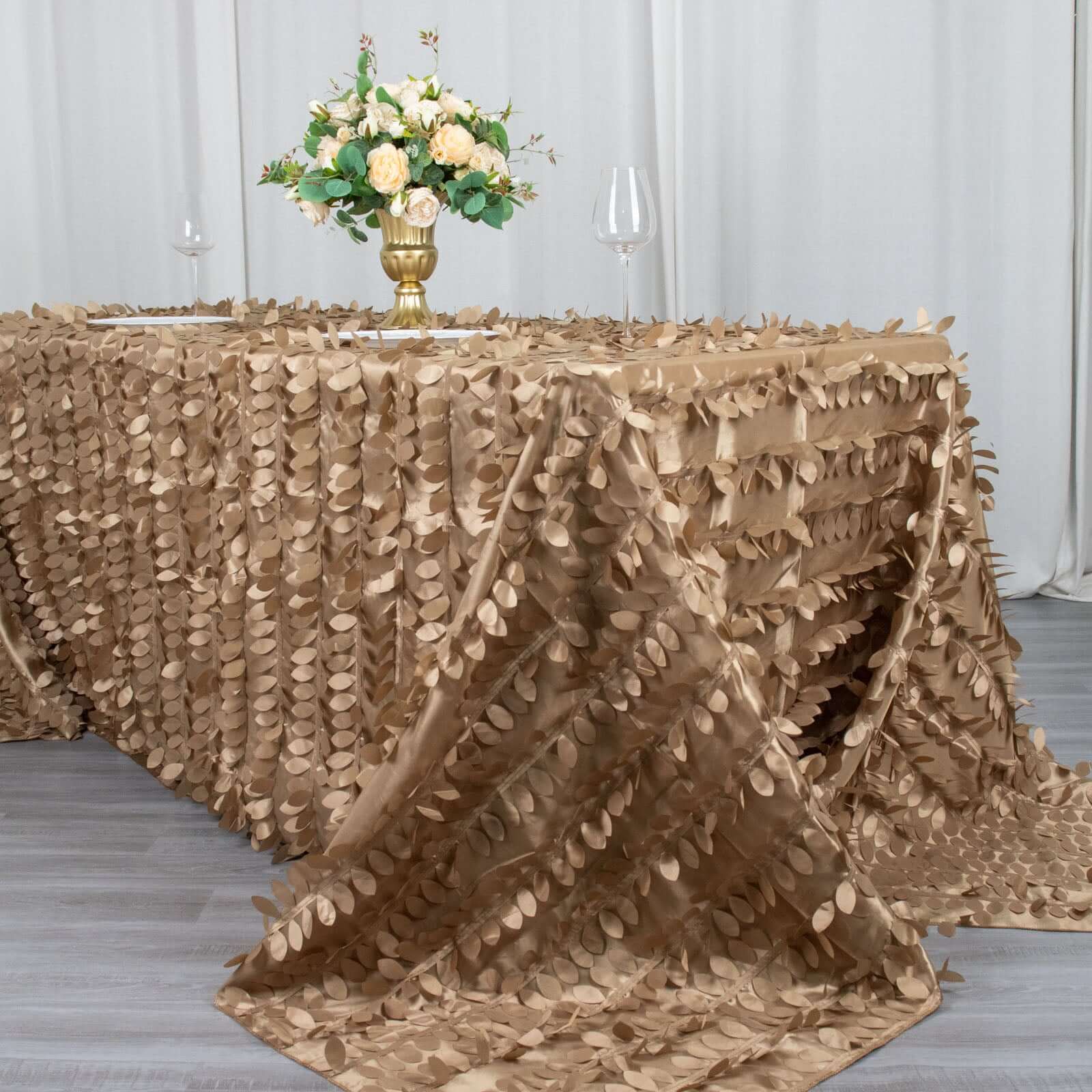 Taffeta 90x132 Rectangle Tablecloth Taupe | 3D Leaf Petal Design Seamless Table Cover