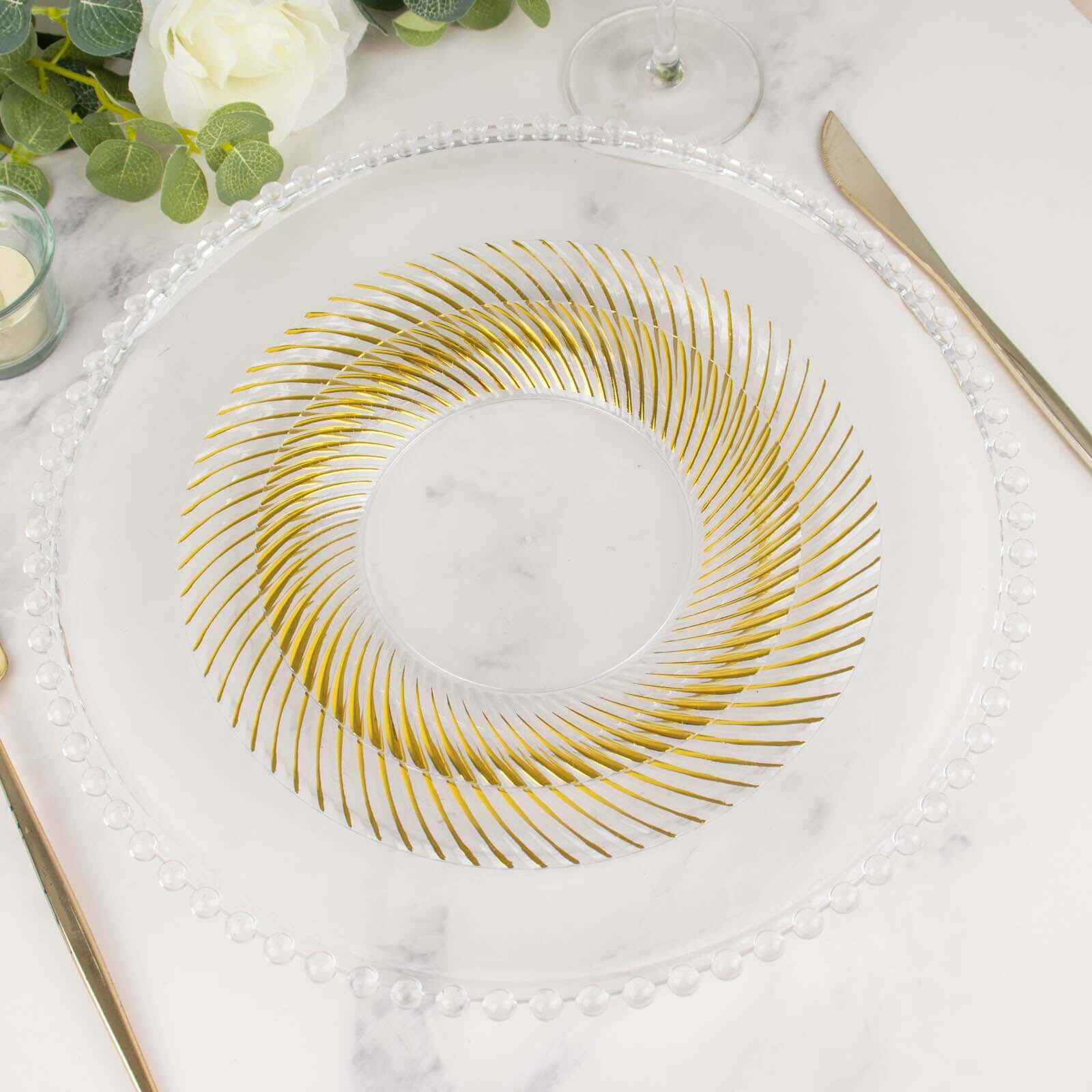 10-Pack Plastic 9 Round Dinner Plates Clear with Gold Swirl Rim - Disposable Party Plates for Classy Events & Banquets