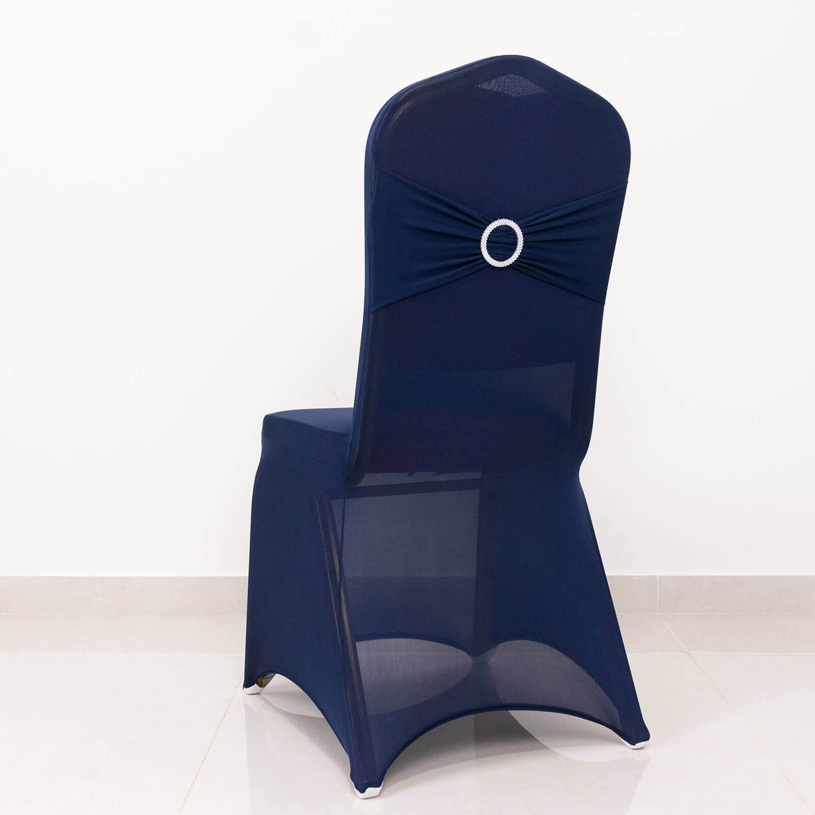 Spandex Chair Cover with Navy Blue Rhinestone Buckled Sash Band Blush - Stretch Fitted Slipcover