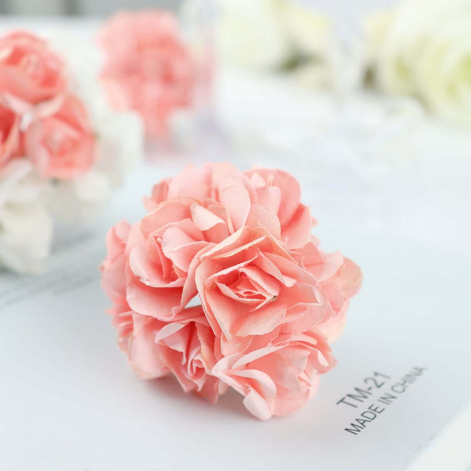 144 Pack Pink Paper Mini Craft Roses, DIY Craft Flowers With Wired Stem