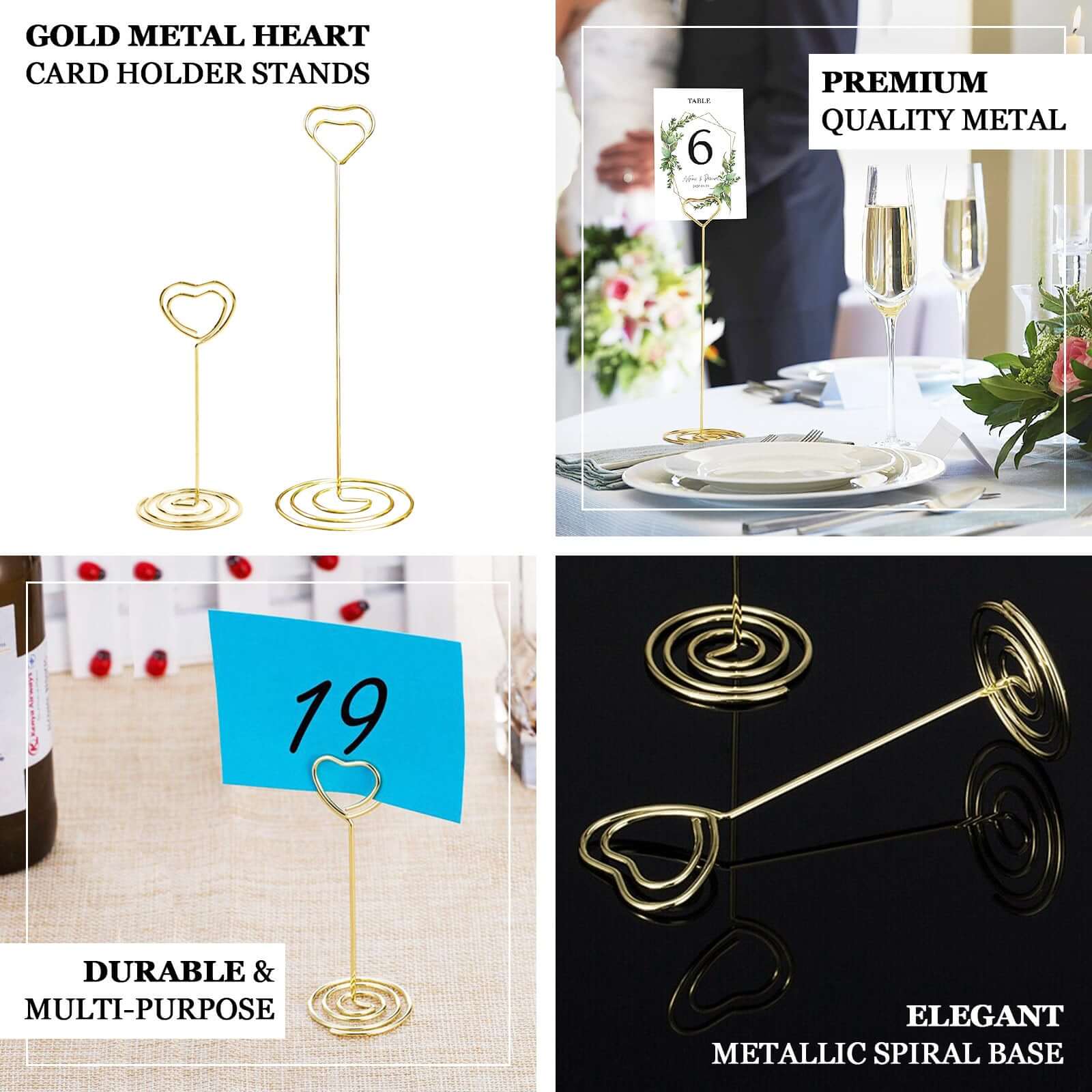 10-Pack Metal Card Holder Stands Heart Design Gold - Table Number Stands and Wedding Place Card Menu Clips 8