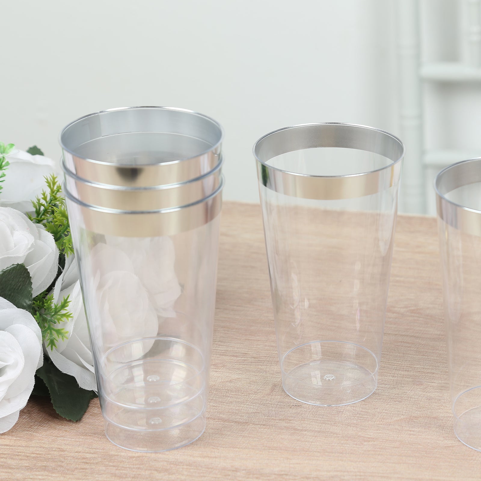 12-Pack Plastic Party Cups Clear with Silver Rim - Durable Disposable Tumblers for Drinks 17oz 5.5