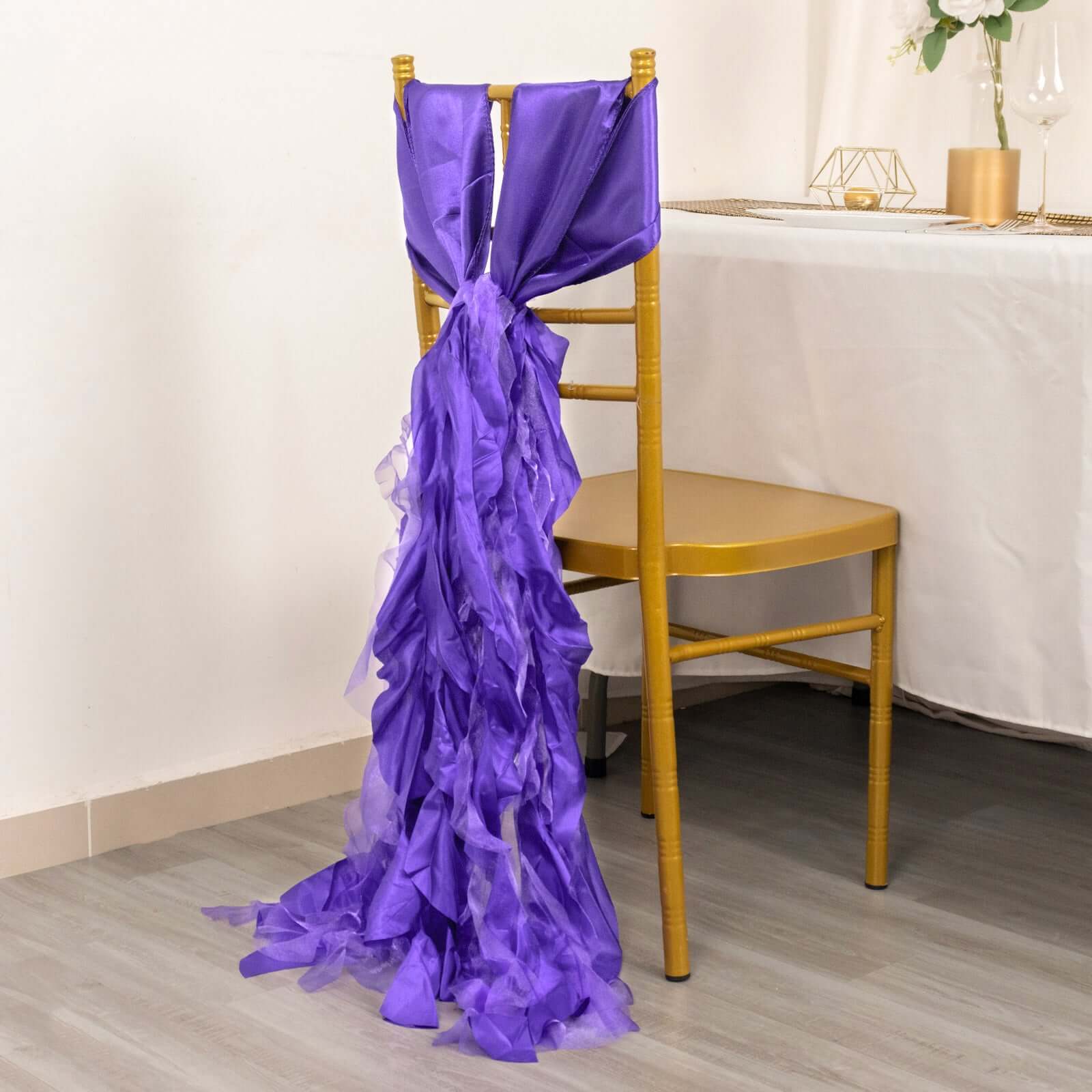 5 Pack Chiffon Satin Chair Sashes Purple - Easy to Install Ruffled Curly Willow