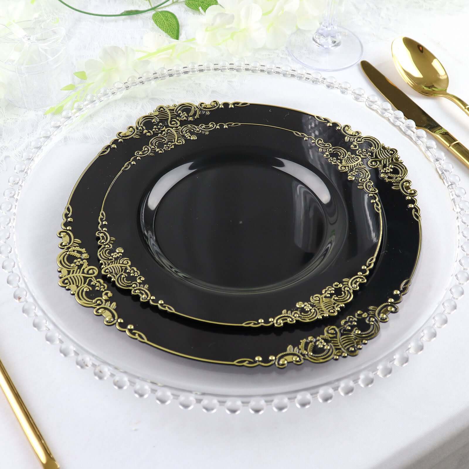 10-Pack Plastic 10 Round Dinner Plates in Black with Gold Leaf Embossed Rim - Disposable Vintage Baroque Style Plates for Luxurious Gatherings & Events