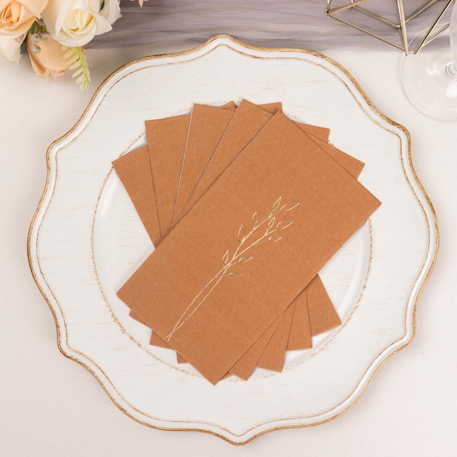 50-Pack Paper Dinner Napkins Terracotta (Rust) with Gold Embossed Leaf - Stylish 2-Ply Disposable Napkins for Weddings 18GSM