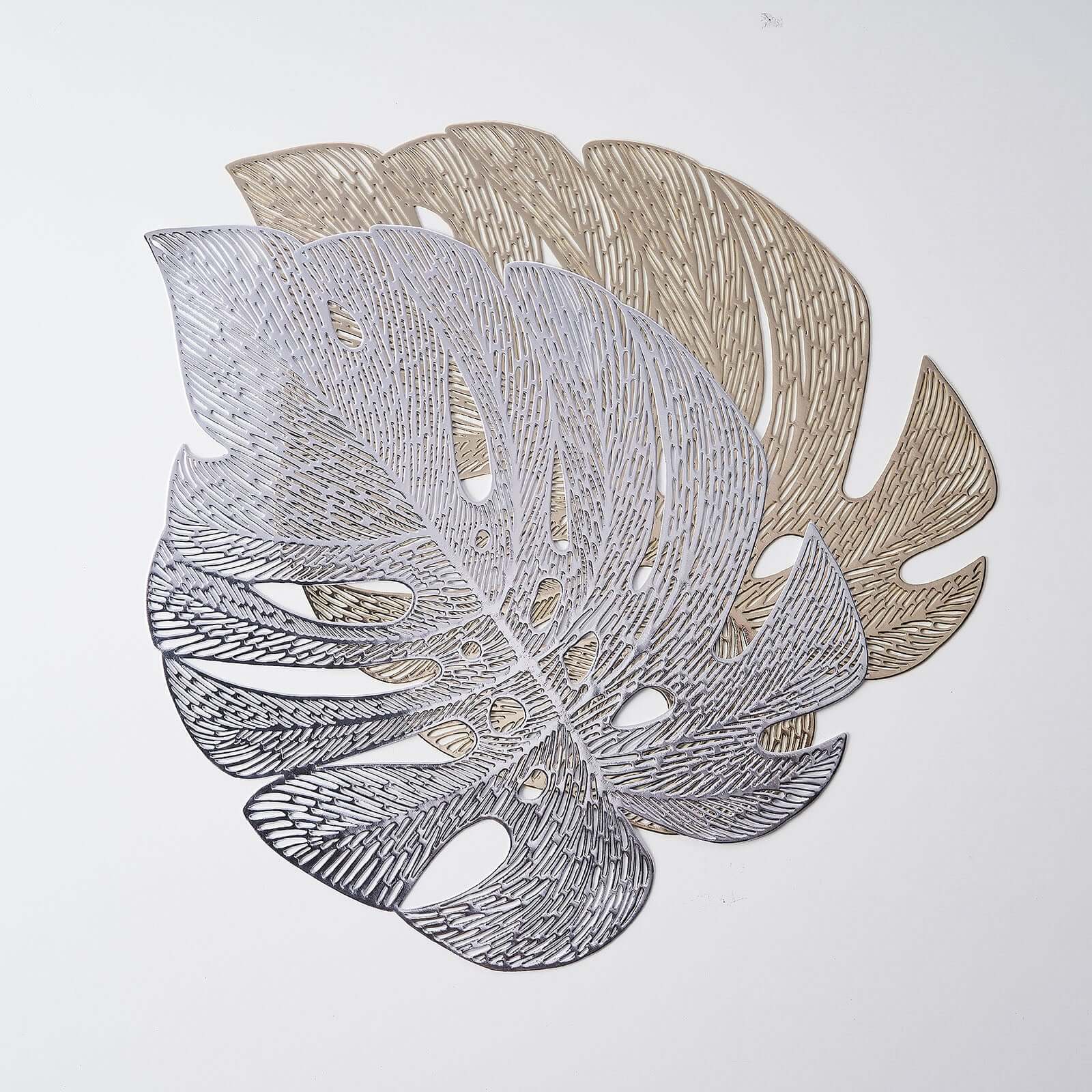 6-Pack Dining Table Mats Monstera Leaf Design Silver - Vinyl Non-Slip Surface for Tropical Themes 18