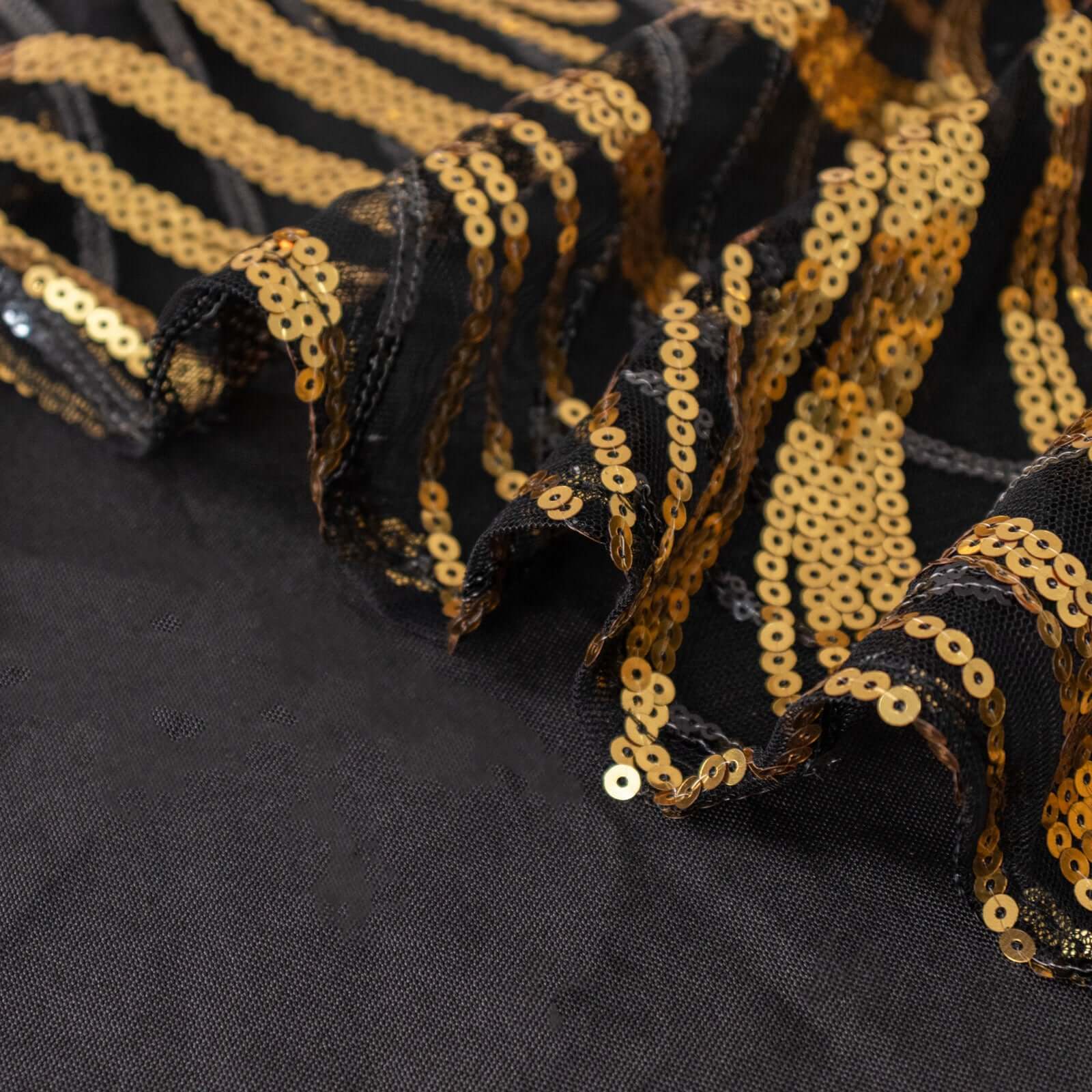 Sequin Mesh 12x108 Table Runner Black Gold Stylish Wave Embroidery