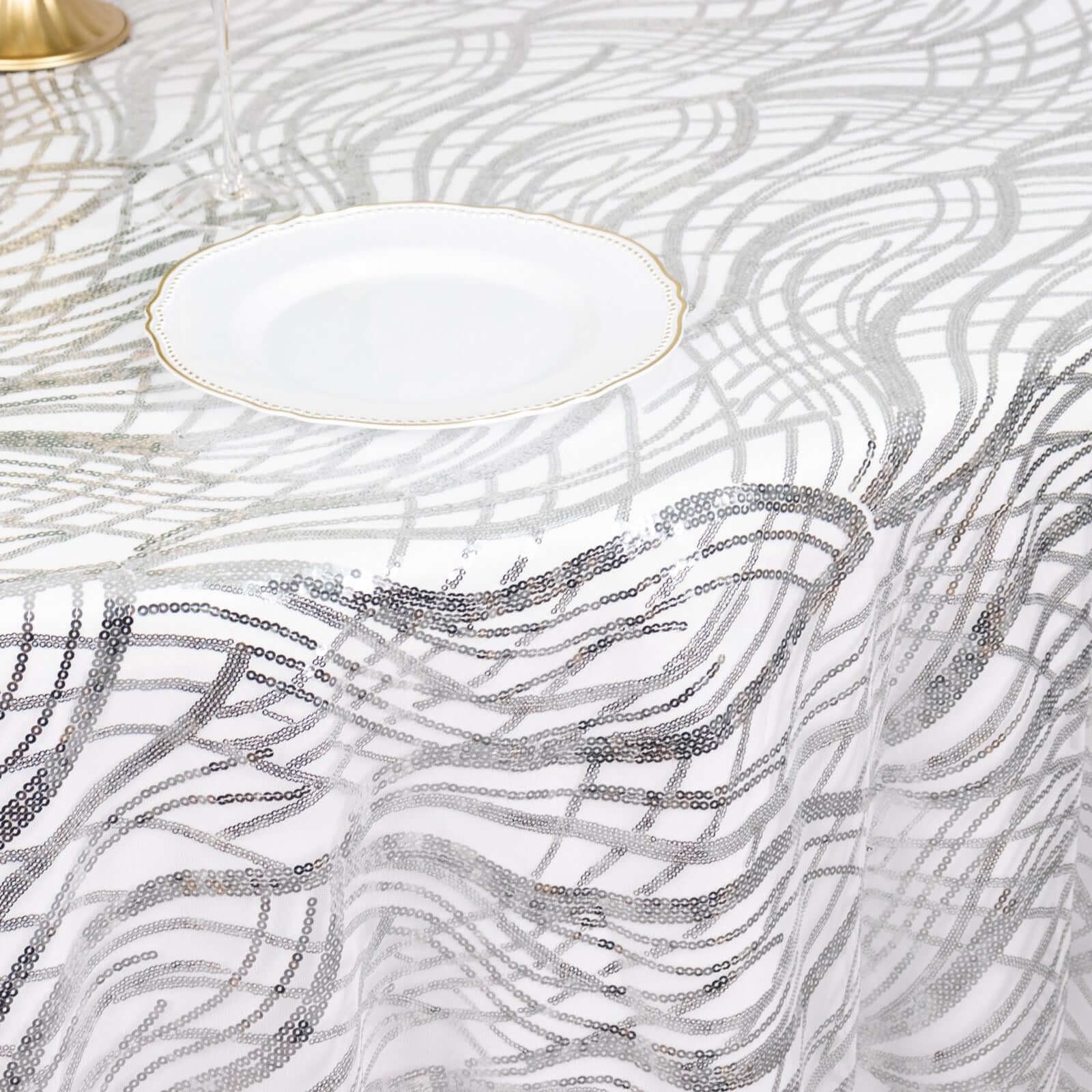 Sequin Mesh 120 Round Tablecloth Silver - Seamless Wave Embroidered Table Cover
