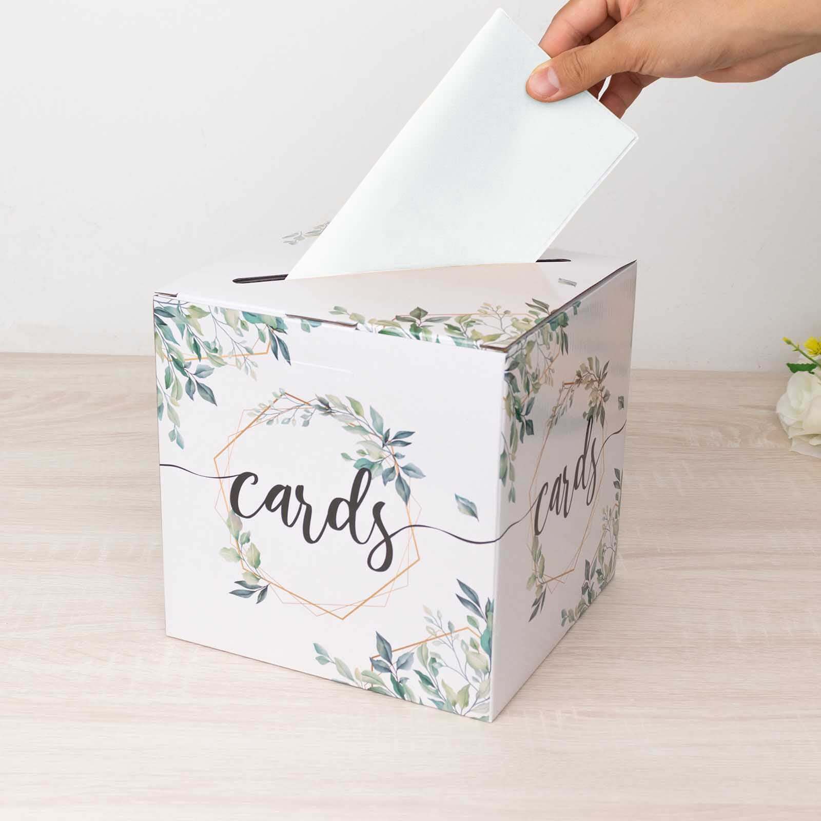 Greenery Theme Wedding Reception Gift Card Box with Geometric Gold Foil Print, Collapsible Money Card Box - 8x8