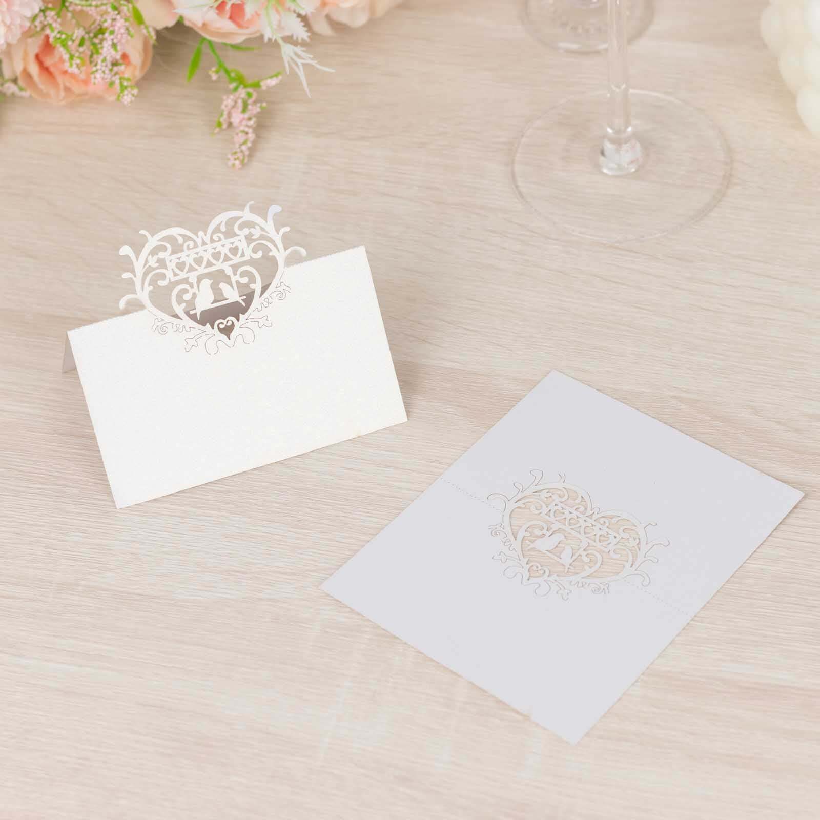 50-Pack Wedding Place Cards with Laser Cut Hollow Heart Design White - Printable Reservation Seating Tent Cards 210 GSM