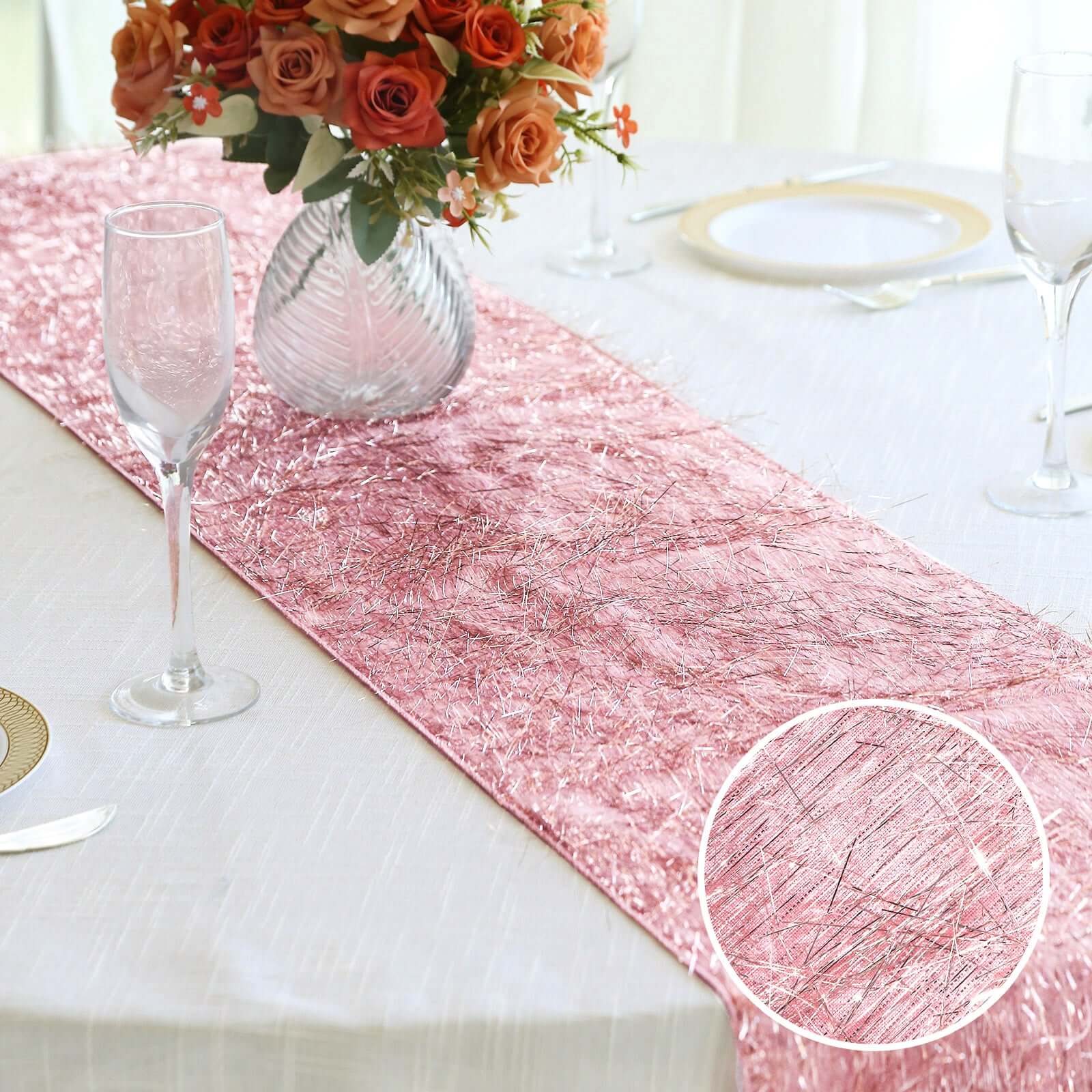 Metallic Tinsel Polyester 12x108 Table Runner Rose Gold - Shimmery Fringe Shag Table Decor