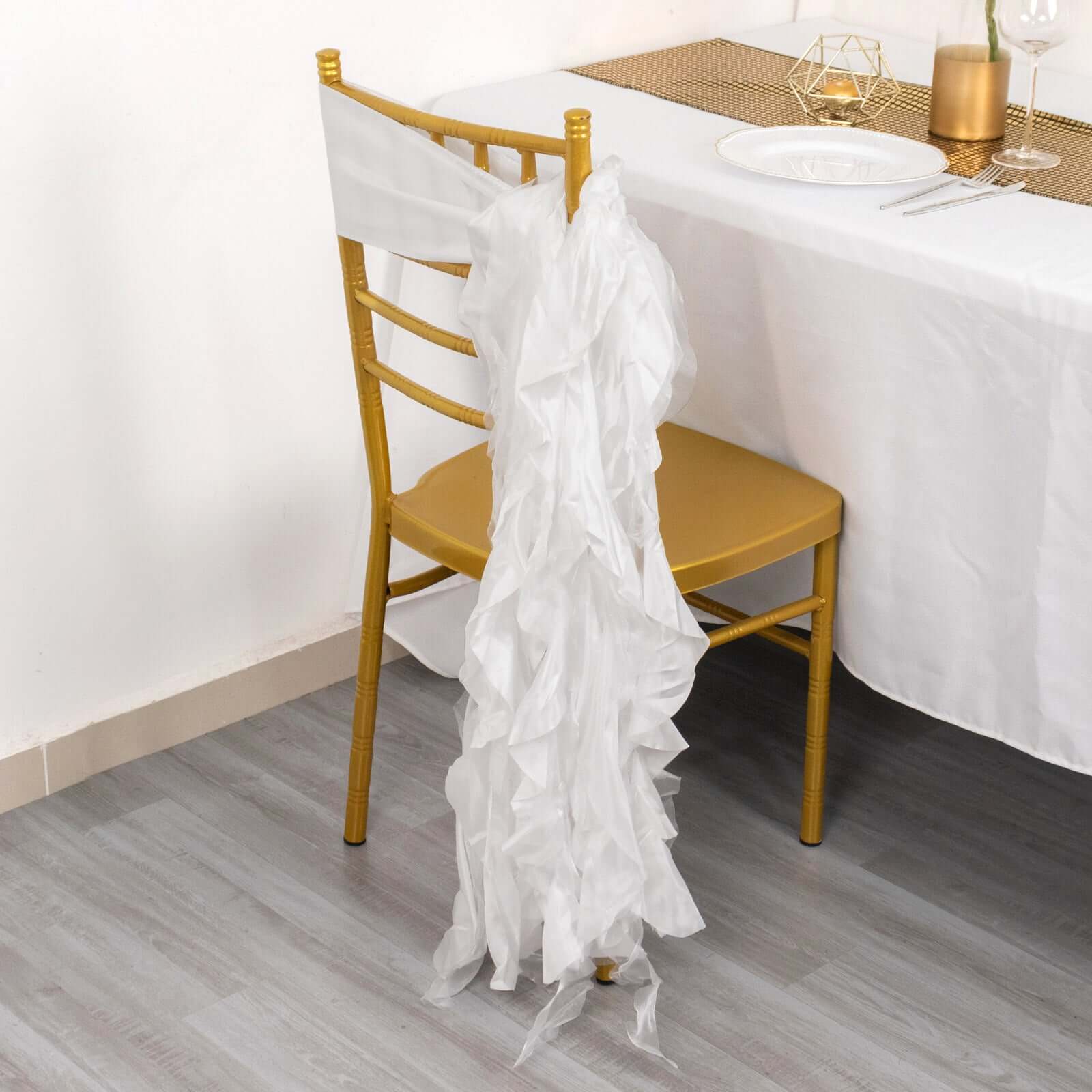 5 Pack Chiffon Satin Chair Sashes White - Easy to Install Lustrous Ruffled Curly Willow Wedding Chair Decorations