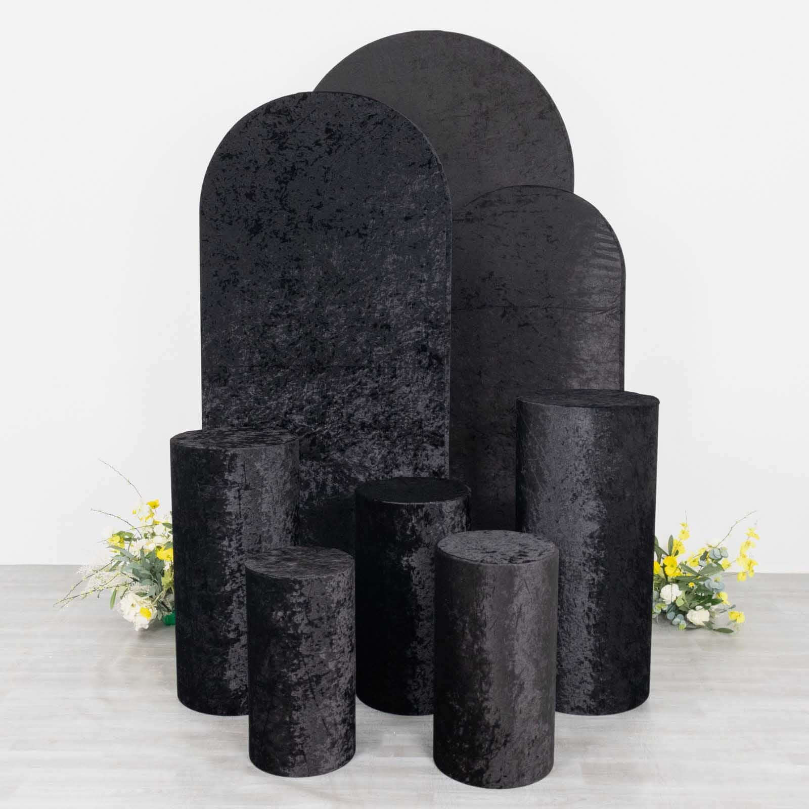 Set of 5 Black Crushed Velvet Cylinder Pedestal Stand Covers, Premium Pillar Prop Covers