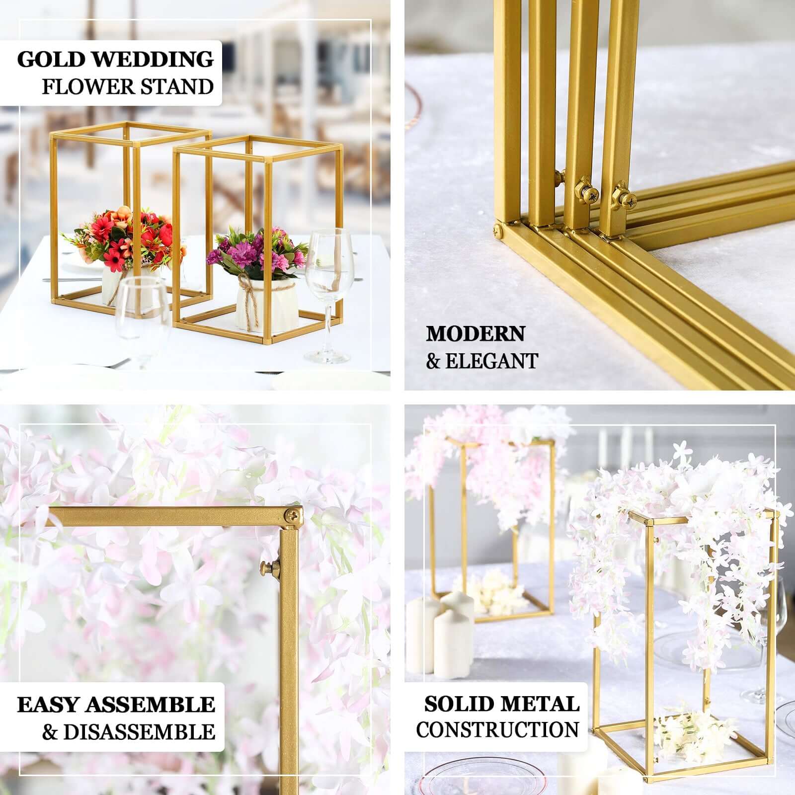 2-Pack Wedding Flower Stand Gold Metal Geometric Column Frame Rectangular - Versatile Floral Pedestal for Sophisticated Arrangements 40