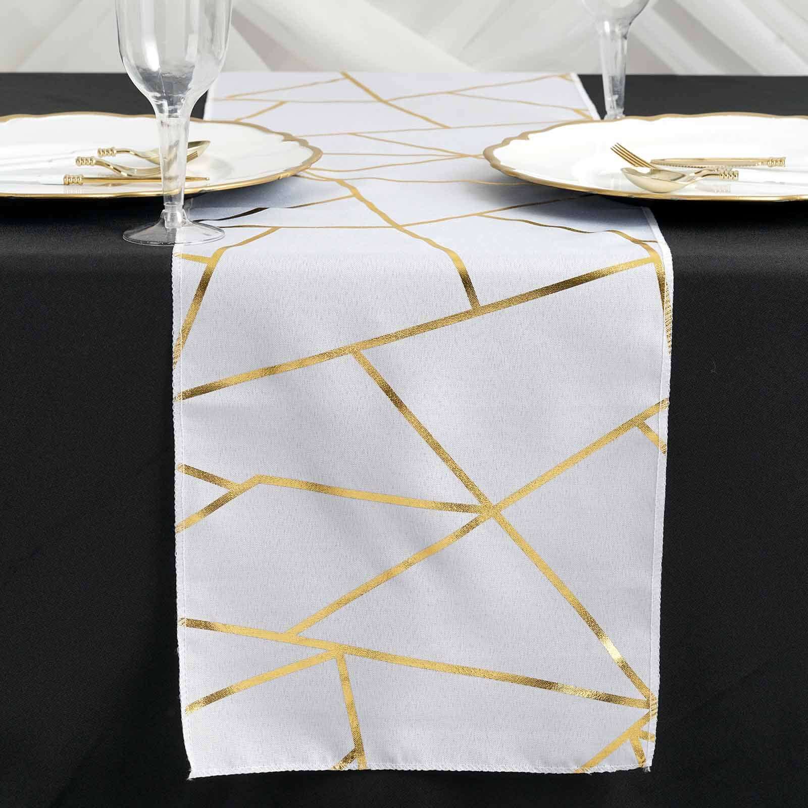 Polyester 9ft Table Runner White with Gold Foil Geometric Pattern - Modern & Stylish Table Decor