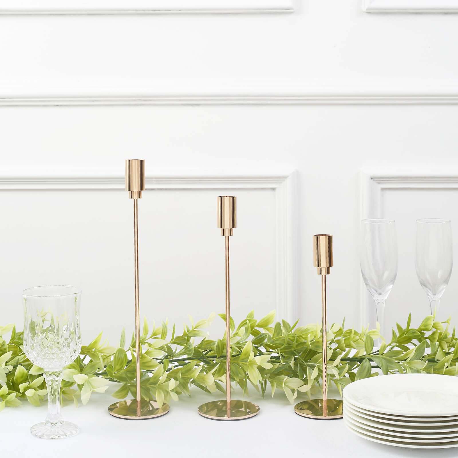 Set of 3 Taper Candle Stands Gold Metal Decorative Round Base Design - Wedding Table Accents 9, 10, 13