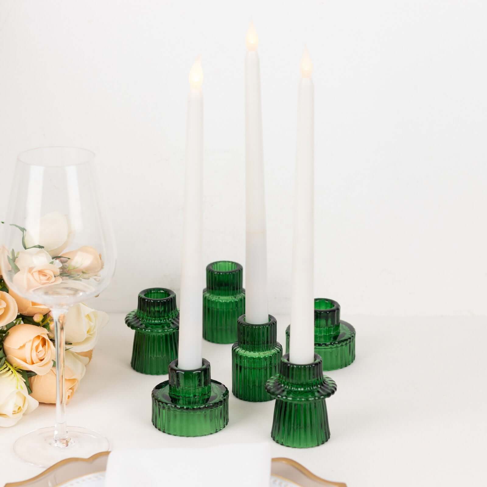 Set of 6 Glass Taper Candle Holders Ribbed Crystal Design Hunter Emerald Green - Reversible Mini Votive Tealight Stands 3