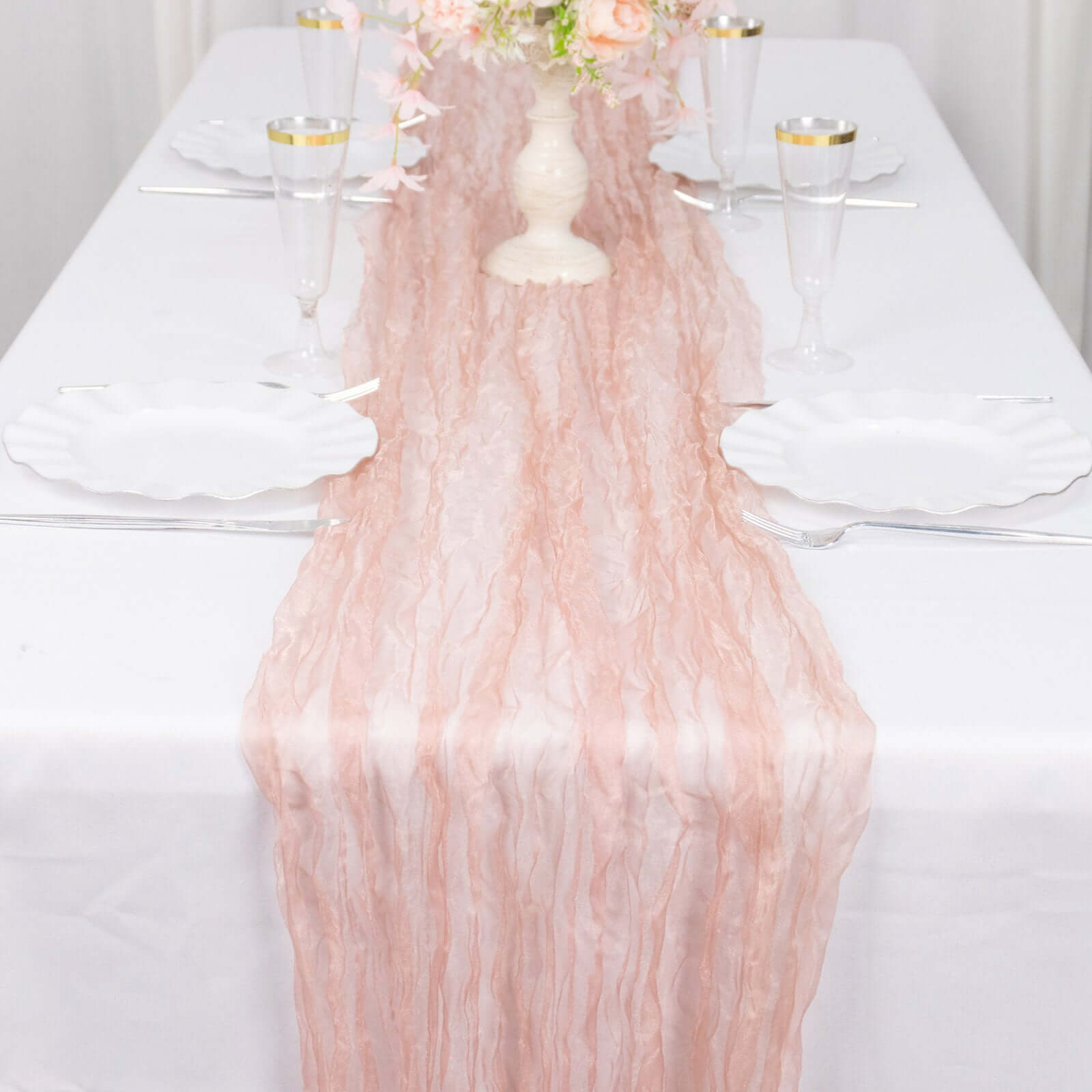 Sheer Crinkled Organza 9ft Table Runner Dusty Rose - Rustic Chiffon Look