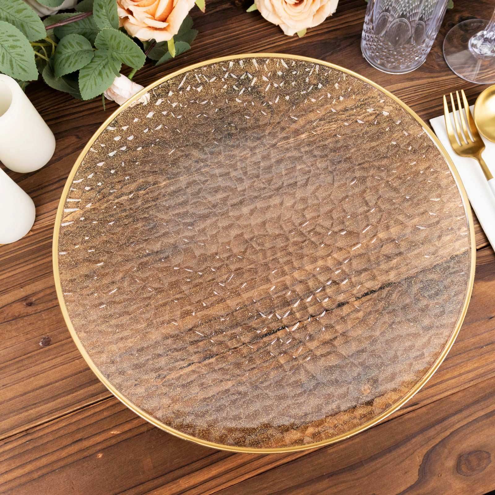 10-Pack Economy Plastic Round Charger Plates 13 in Clear Hammered Design with Glittered Gold Rim - Decorative Dinner Party Serving Plates