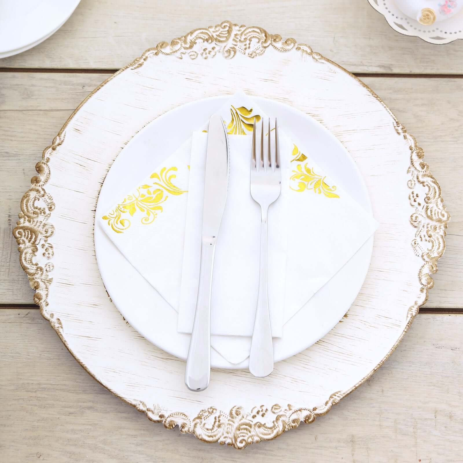 6-Pack Acrylic Round Charger Plates 13 in White Washed with Gold Embossed Baroque Rim, Antique Decorative Dinner Party Charger Tableware