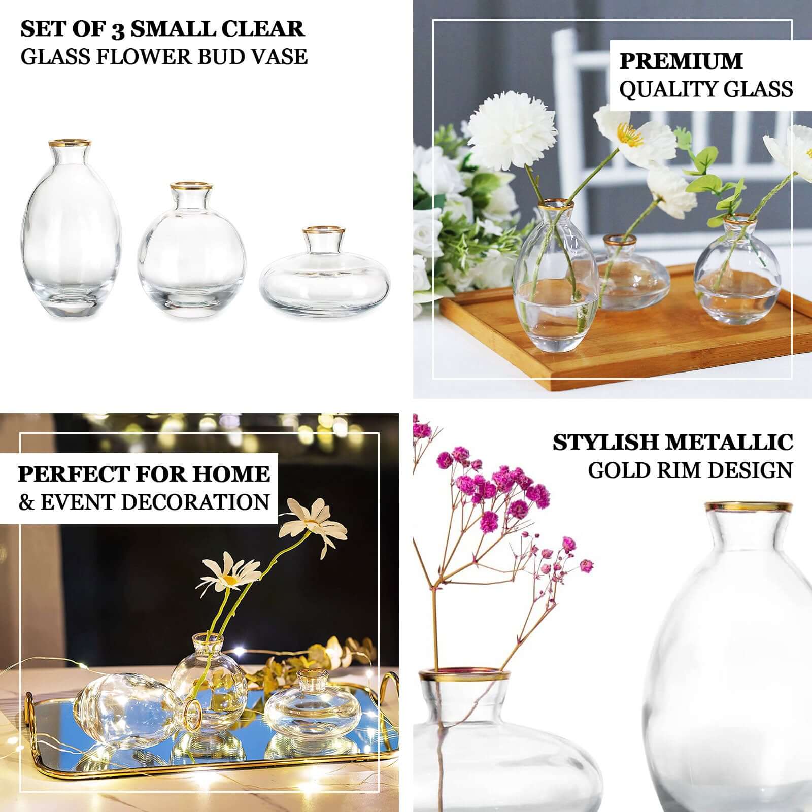 Set of 3 Clear Glass Bud Vases with Metallic Gold Rim - Modern Flower Table Centerpieces Assorted Sizes